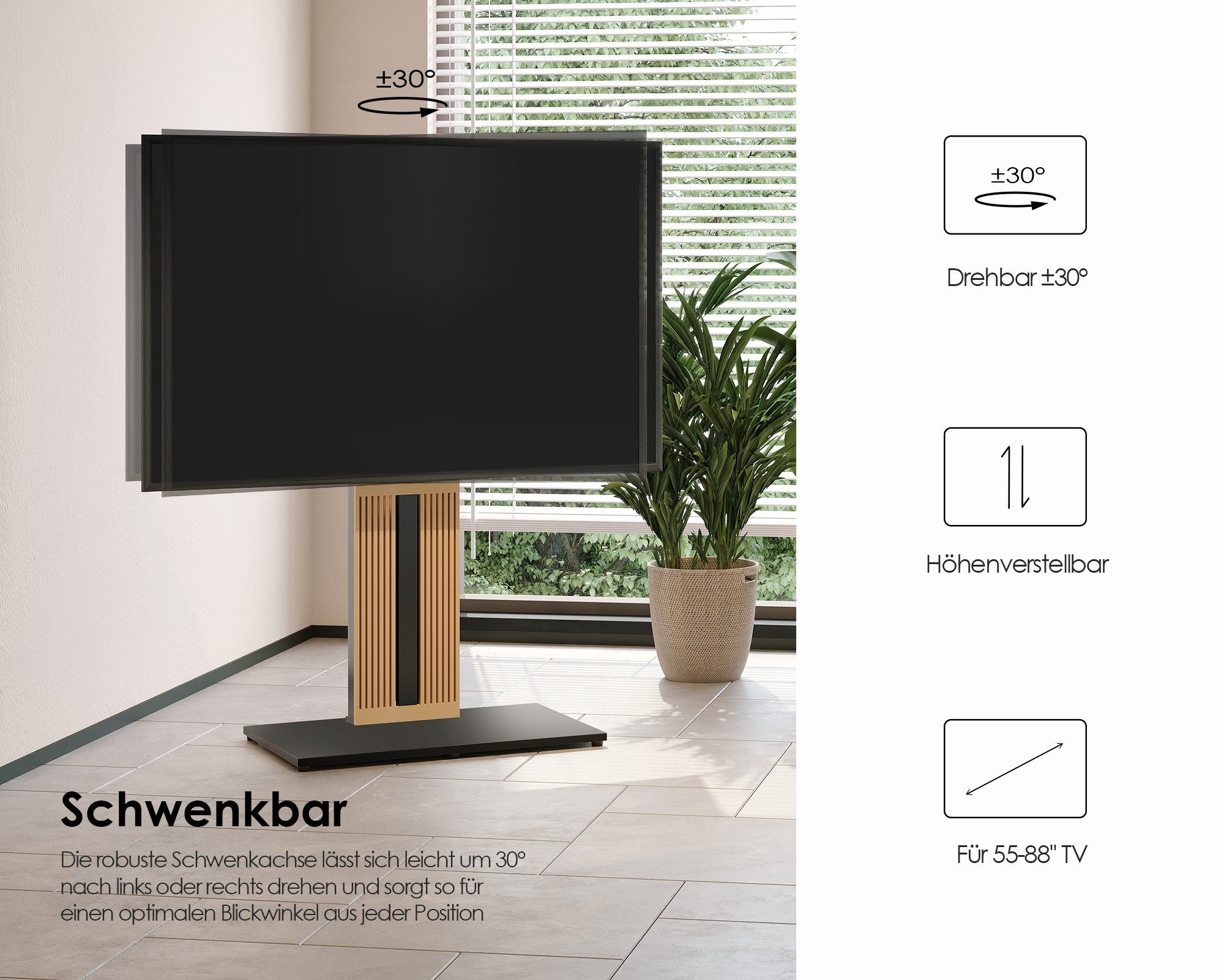 FITUEYES TV-Ständer aus Holz, mit höhenverstellbarer Ablage, ±15° schwenkbar, 55-88 Zoll, (bis 88,00 Zoll, höhenverstellbar, mit Kabelmanagement) – Bild 5 von 5