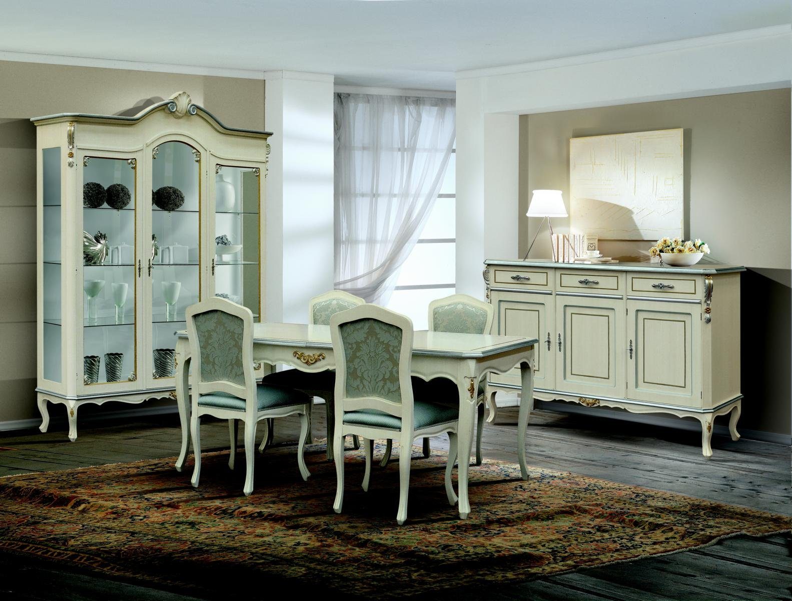 JVmoebel Esstisch Barock Esszimmermöbel in Weiß mit Holz- und Glasoberfläche (Set, 1-St., Tisch, 4x Stuhl), Made in Europa