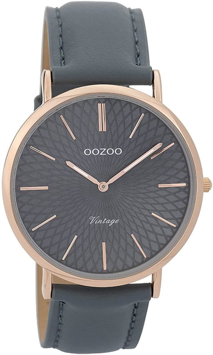 OOZOO Quarzuhr Oozoo Damen Armbanduhr blau grau, (Analoguhr), Damenuhr rund, groß (ca. 40mm), Lederarmband blau, grau, Fashion