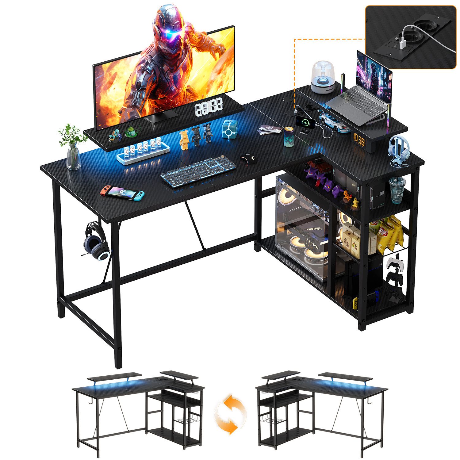 HOMALL Gamingtisch L-förmiger Computertisch mit Steckdosen, USB-Anschlüssen und Stauraum (120/140 × 50 × 75/80 cm großer Gaming-Tisch mit zwei Ablageflächen, einer abnehmbaren Trennwand zum Selberbauen und Kopfhörer-/Becherhaltern)