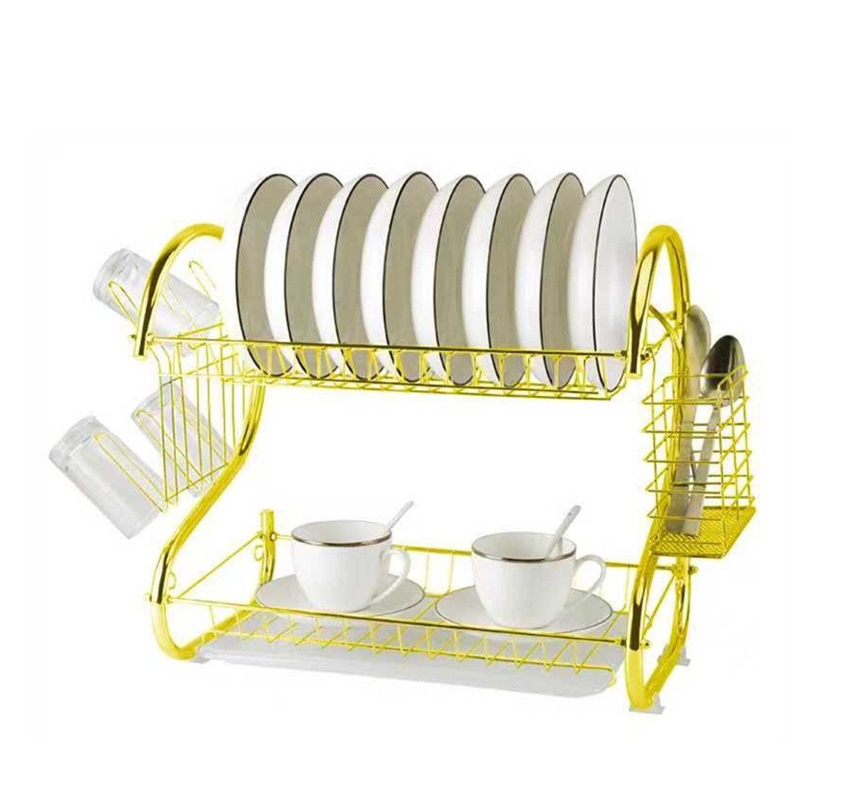 Geschirrständer 2-stufig, in Gold mit Besteckkorb & Abtropfschale