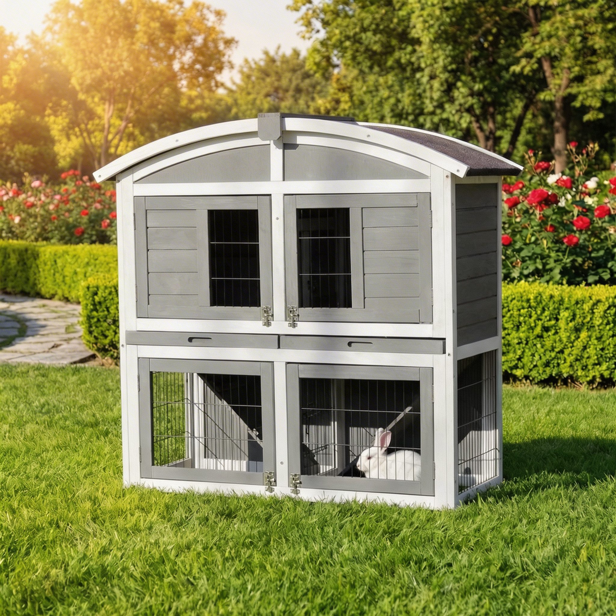 My Animal Kleintierstall XXL Hasenstall MH-33 - 2 Etagen - Wetterbeständig, Doppelstockhaus, Ebenen und mittig trennbar, Kaninchenstall Käfig
