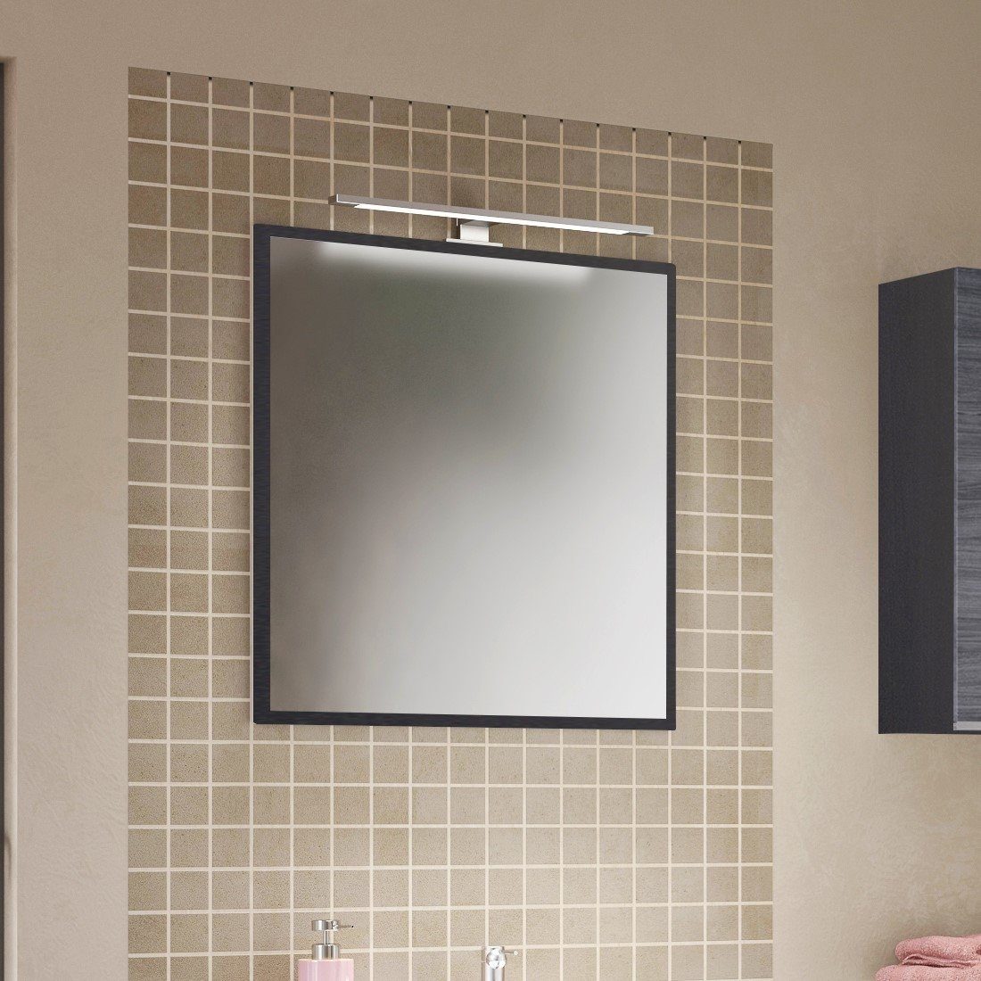 cm Modernes Badspiegel cm, Spiegelpaneel, LED-Aufbauleuchte. 2 Rahmen Höhe 64 Breite in Tiefe MDF 1 möbelando cm, 60 inkl. Graphit, aus Arezzo,
