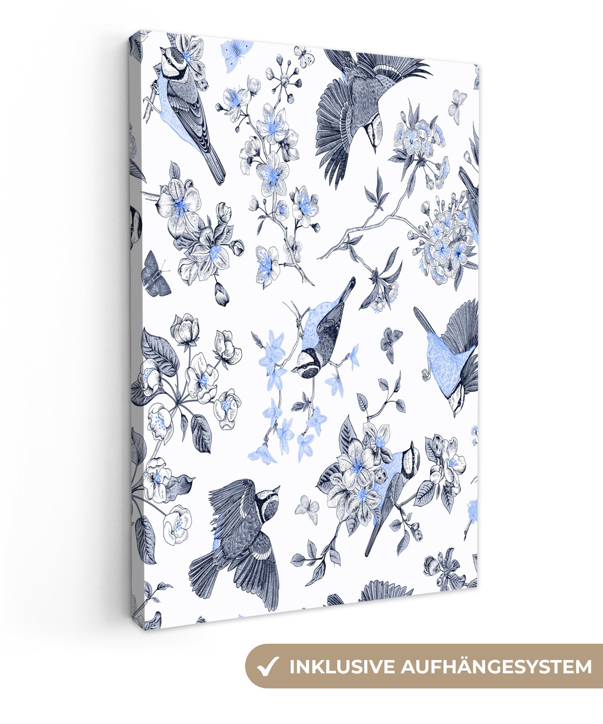 OneMillionCanvasses® Leinwandbild Blumen - Vogel - Blau, (1 St), Leinwandbild fertig bespannt inkl. Zackenaufhänger, Gemälde, 20x30 cm | Leinwandbilder