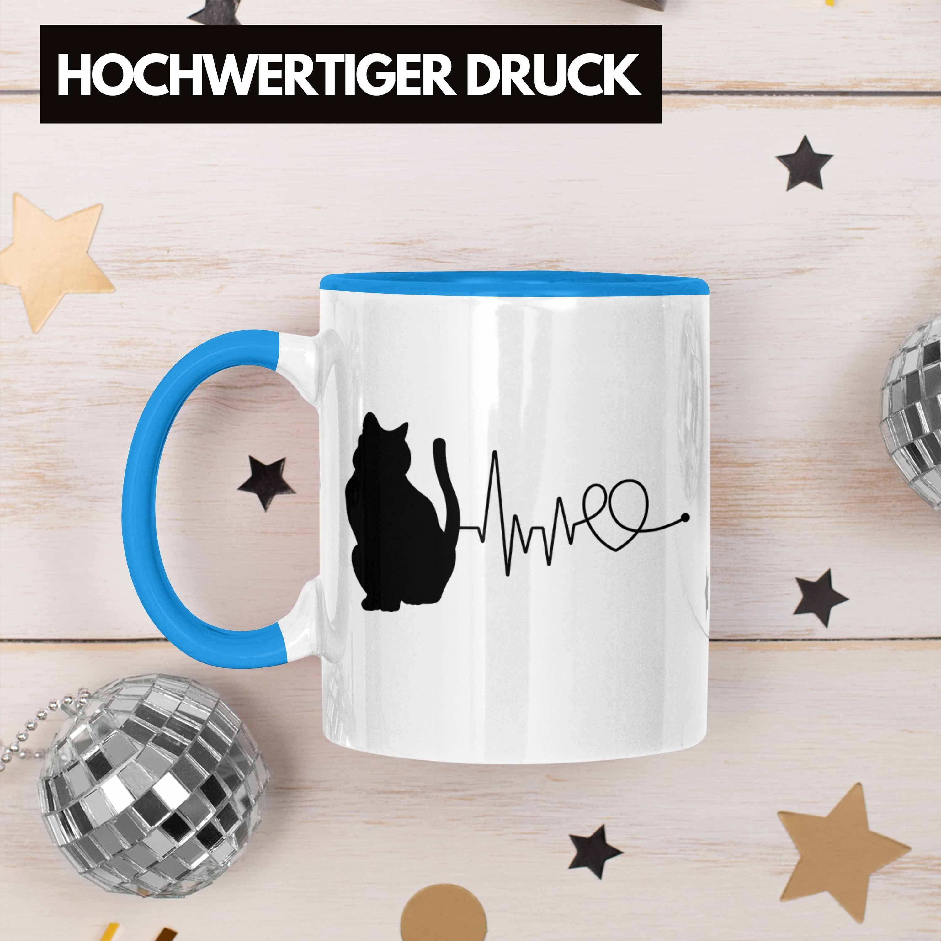 Tasse Herzschlag Katze Blau Katzenbesitzerin für Kaffee-Becher Tasse Geschenk Trendation