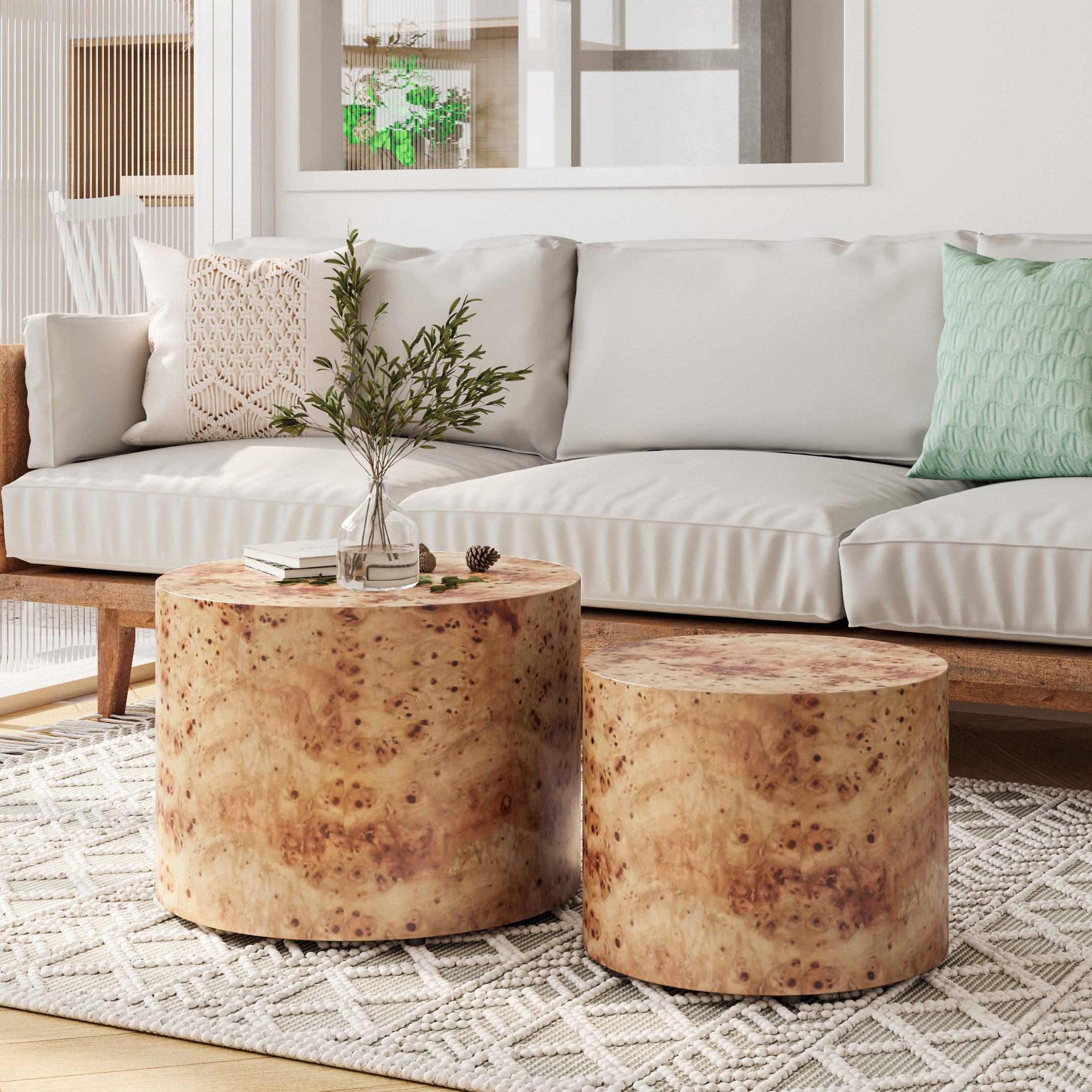 MODFU Couchtisch Ineinanderstellbare Beistelltrommel für kleine Räume (Packung, 2-St., 2‑tlg. Couchtisch-Set Ø48/38x38/32cm aus Natur-Burl), Für Wohnzimmer, Schlafzimmer, Büro & Balkon