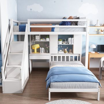 REDOM Etagenbett Doppelbett Etagenbett (mit Schreibtisch und Regale, mit Lattenrost, weiß, 90*200, multifunktionales Kinderbett, Stauraumfunktion), multifunktionales Design
