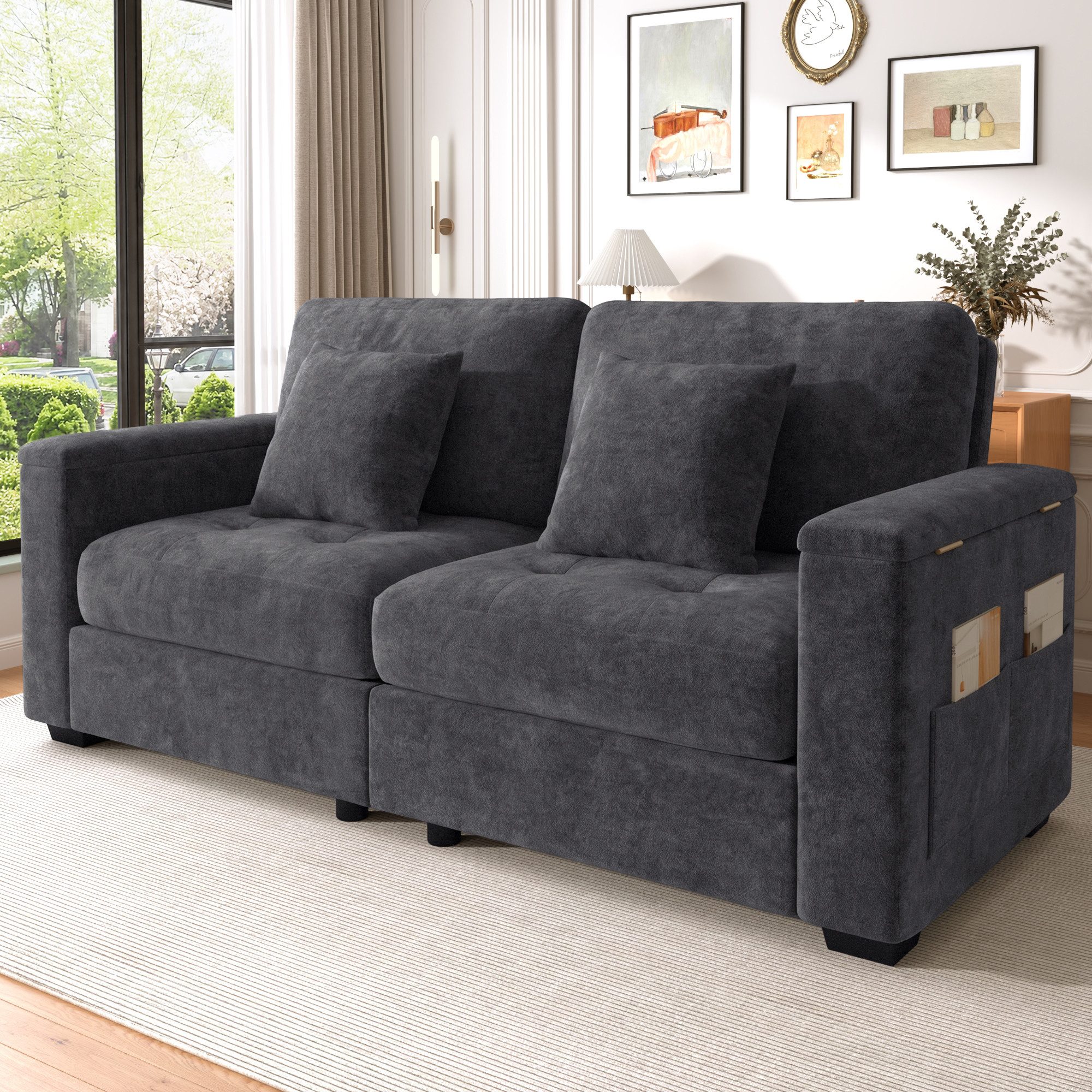 HAUSS SPOLE Loungesofa Zweisitzer mit Kissen & Holzrahmen,Relaxsofa aus Chenille,Dunkelgrau, 2-Sitzer Wohnzimmersofa mit Chenille-Stoff Oberfläche und Armlehnen Stauraum, belastbar bis 500 kg