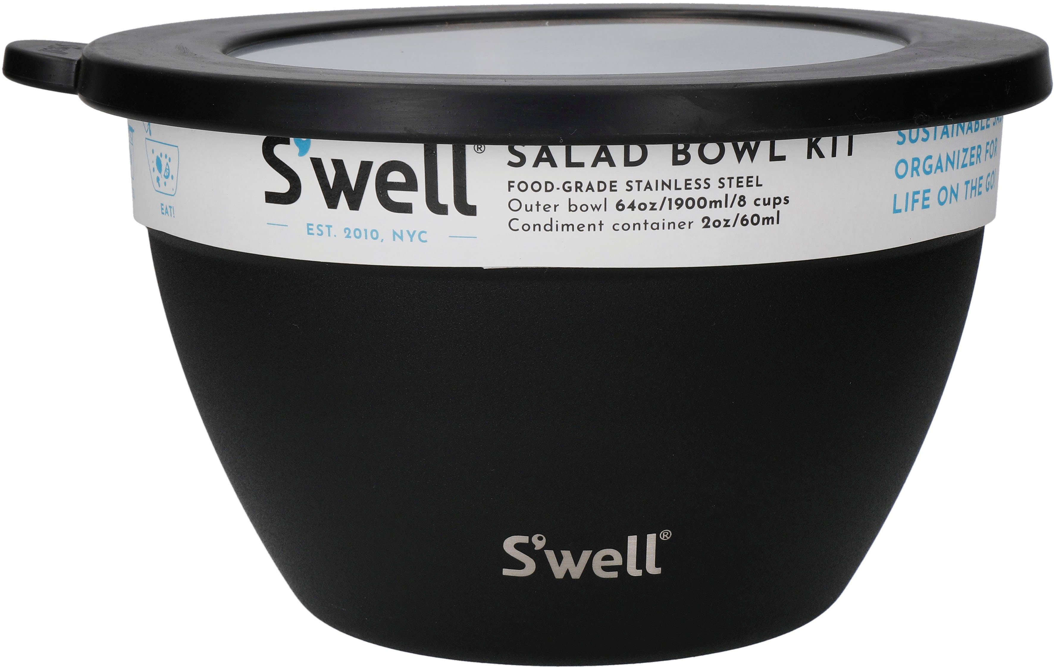 S'well Salatschüssel Kit, Edelstahl, Bowl Salad vakuumisolierten Therma-S'well®-Technologie, Schwarz 1.9L, S'well (3-tlg), Onyx Außenschale