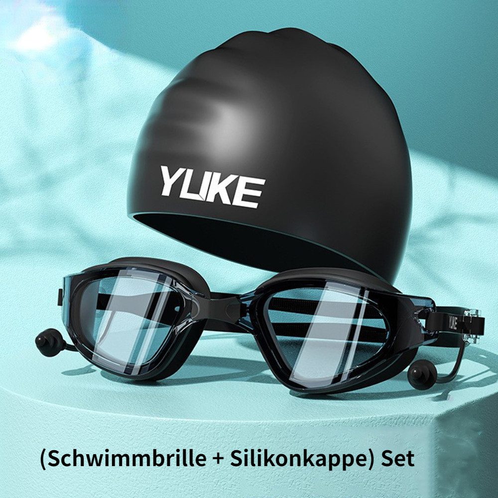 Blusmart Schwimmbrille Universelles Schwimmbrillen- und Badekappen-Set für Damen und Herren, (HD-Antibeschlag und wasserdichter großer Rahmen, Schwimmbrille und integrierte Ohrstöpsel), Set bestehend aus Schwimmbrille + Silikon + Aufbewahrungsbox