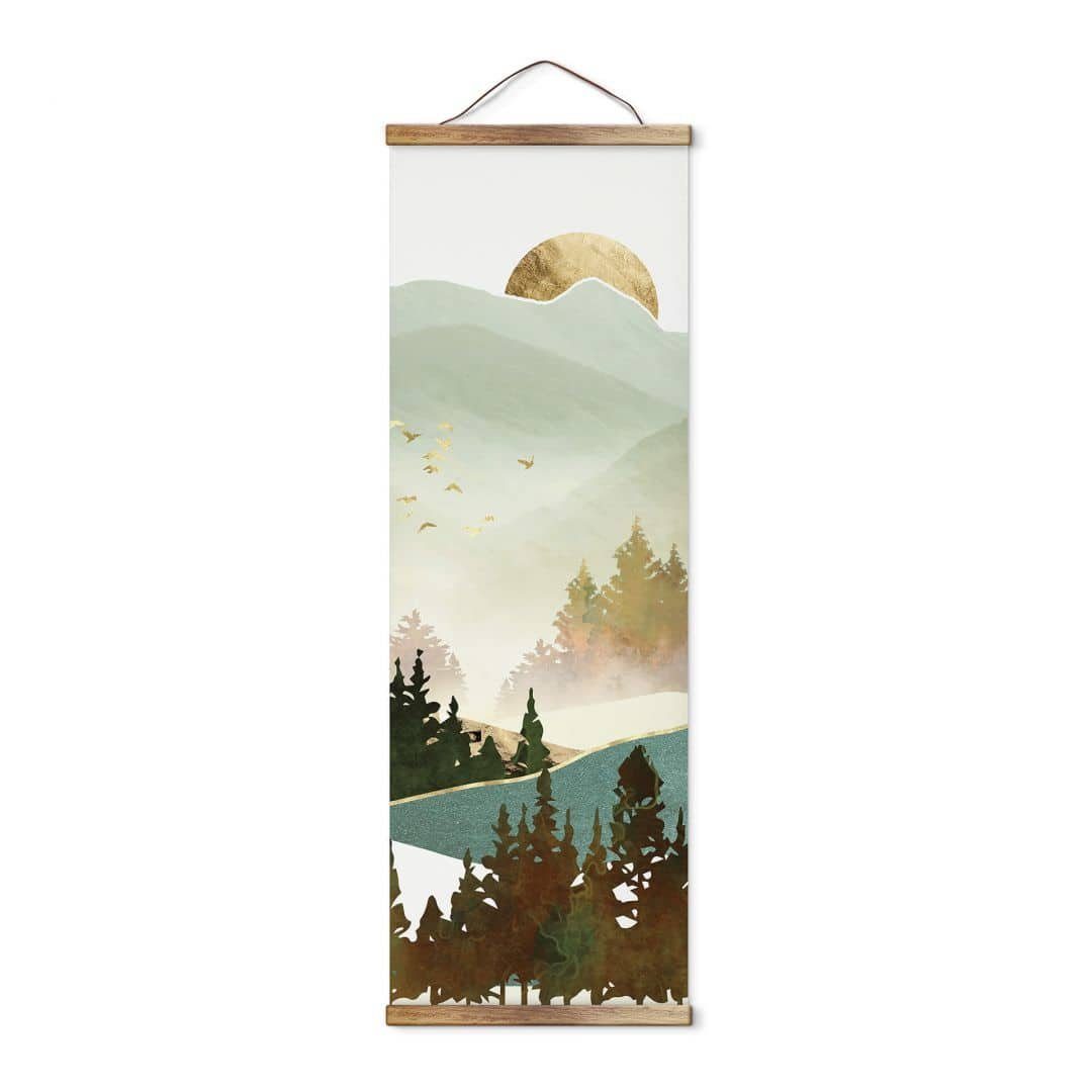 K&L Wall Art Leinwandbild Vintage Stoffbild Poster Natur Wald gold Sonne Feng Shui Deko, SpaceFrog Banner modern ohne Zubehör