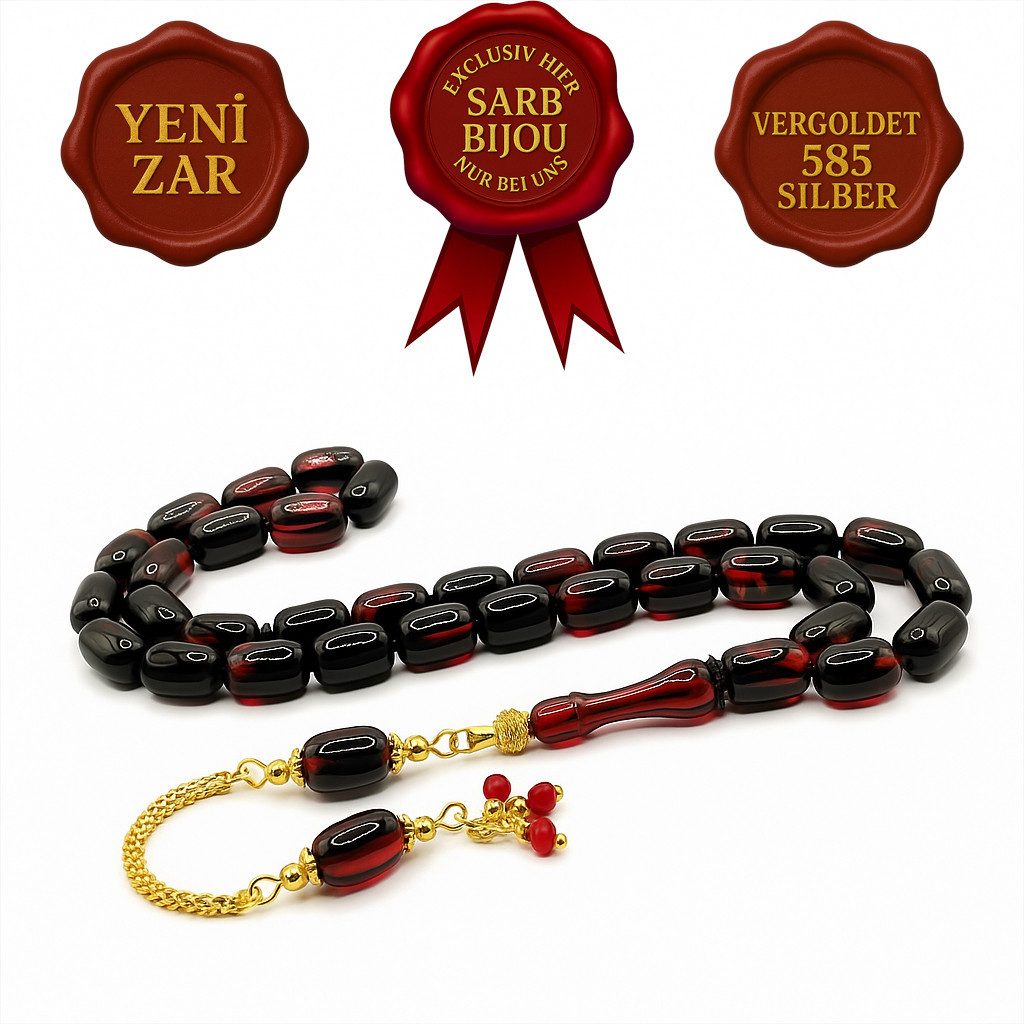 M-Punkt24 Kettenanhänger Tesbih Tespih (Rot - Schwarz, Kirmizi - Siyah, 7x11mm, 925 Echt Silber 585 vergoldet Diamond Series Püskül, inkl. Etui, Zar), 925 Silber mit 585 vergoldet