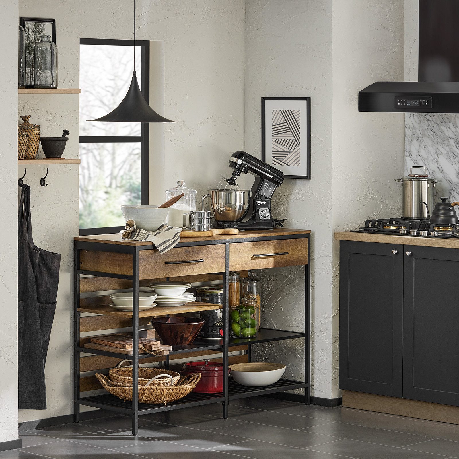 SoBuy Küchenbuffet FSB85, Küchenkommode mit offenen Ablagen, Mikrowellenfach Küchenmöbel Sideboard mit Schublade und Ablagen Kommode Küchenschrank Flurschrank