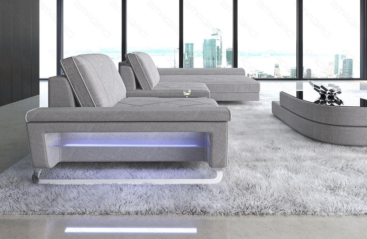Couch L Stauraum, H2 LED, Dreams Form USB_Anschluss, Sofa mit Bari Stoff Stoffsofa Ecksofa Stauraum, Macchiato-Weiss Designersofa Sofa, Polster