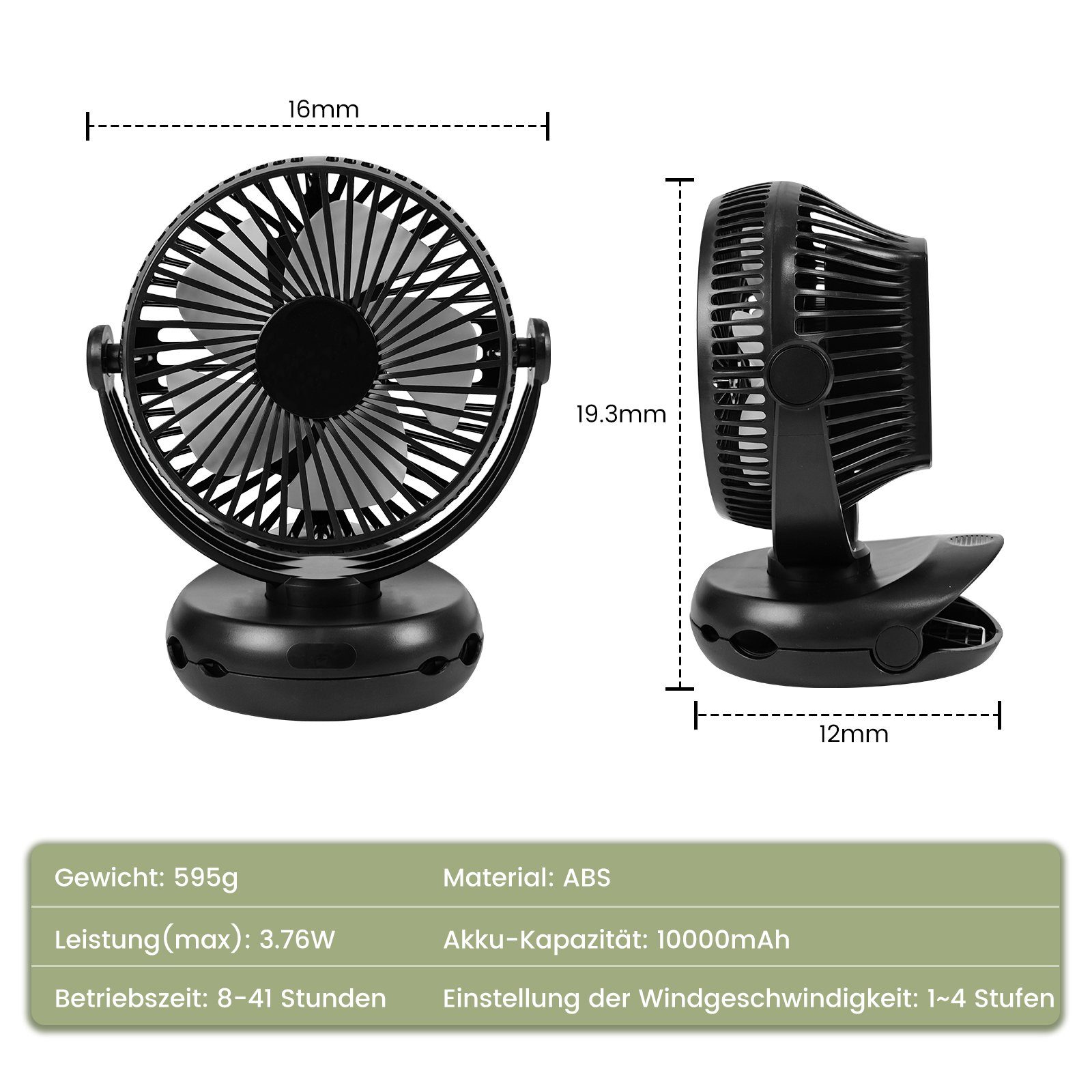 Nettlife Mini Drehung Schwarz, 4 3 LED In & Geschwindigkeiten mit 1 10000mAh Leise Clip Licht 360° USB-Ventilator Fan Akku