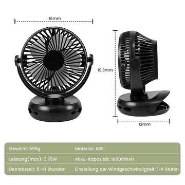 Nettlife Mini USB-Ventilator 4 Geschwindigkeiten Akku Leise Clip Fan 10000mAh & 3 In 1 Schwarz, mit LED Licht 360° Drehung