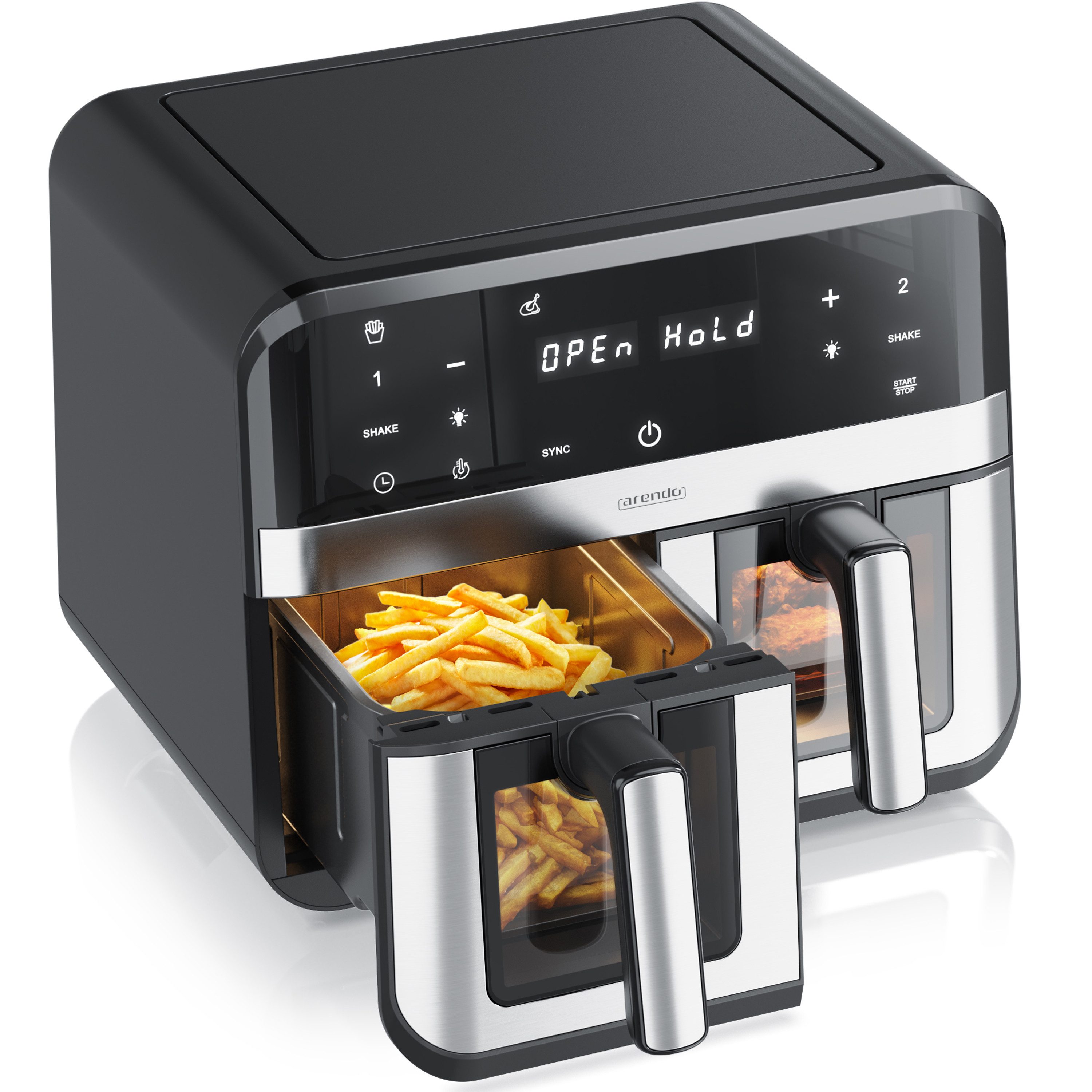 Arendo Heißluftfritteuse XXL Doppelkammer Airfryer 9L, Dual Zone, Sichtfenster mit Beleuchtung, 2400 W, mit Zubehör, Touchscreen, 3D Umluftsystem, fettarmes gesundes Kochen