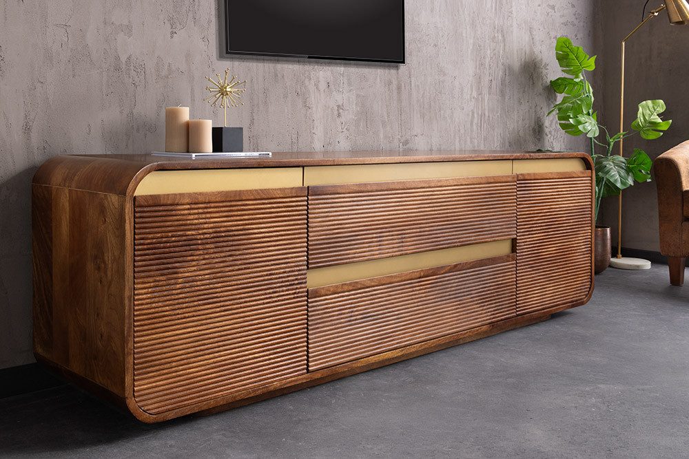 riess-ambiente TV-Board MONZA 160cm braun - Mango-Massivholz, Lamellenfront, Lack, handmade (Einzelartikel, 1 St), Sideboard mit Soft Close und Kabelöffnung - ideal für Wohnzimmer