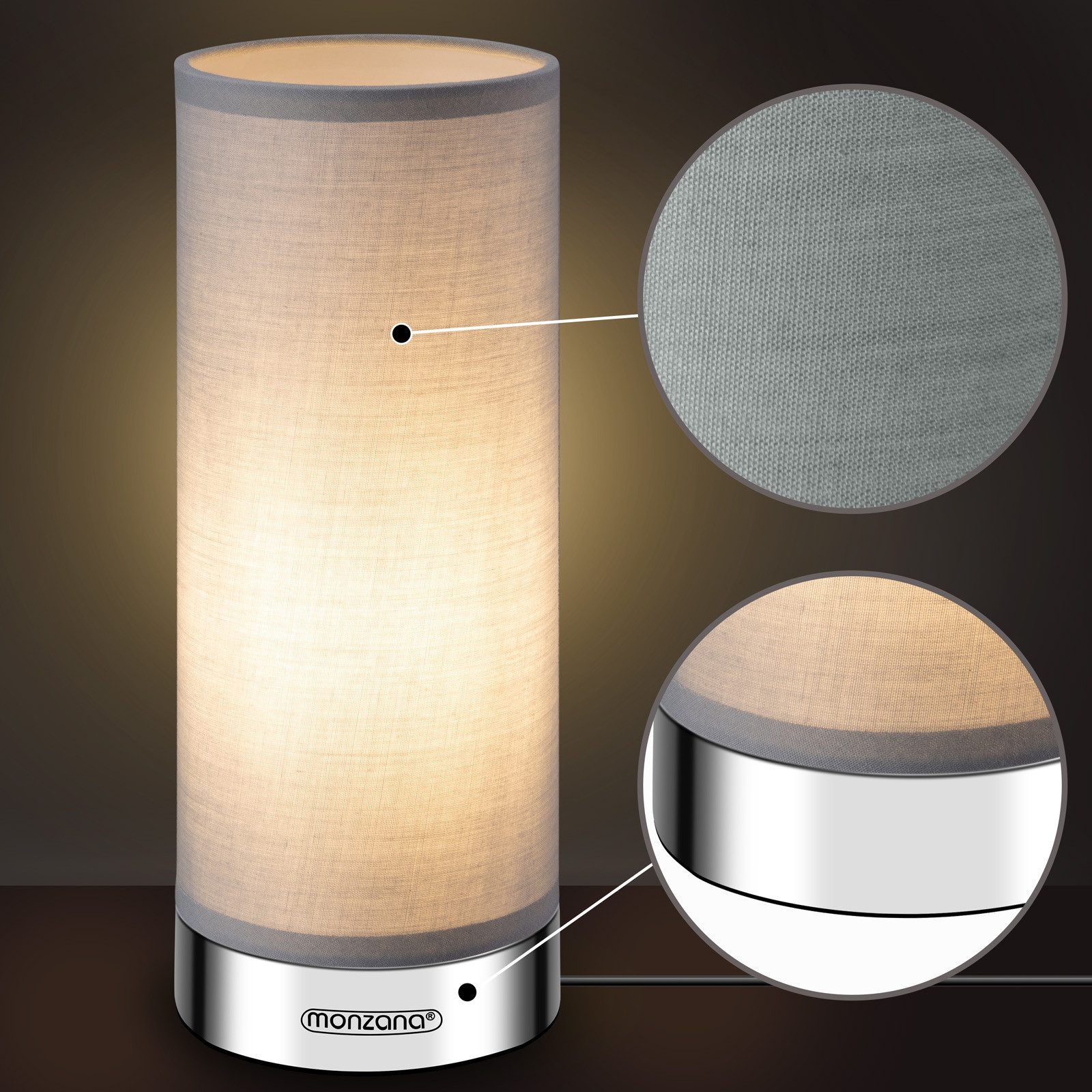 monzana Tischleuchte Poppy, Poppy - Grau, 2er Set LED Touch Dimmbar Schlafzimmer Wohnzimmer Nachttischlampe