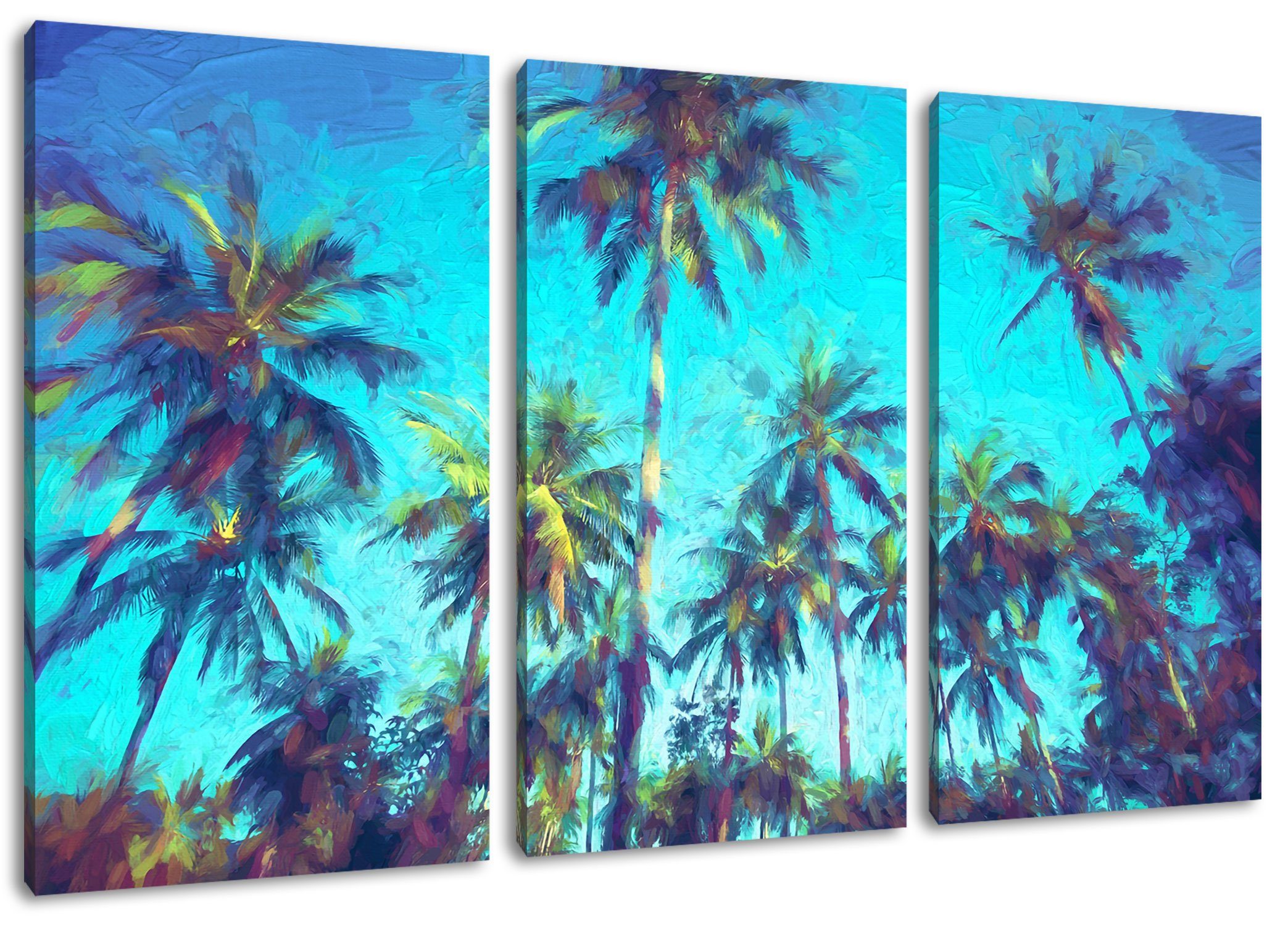 3Teiler bespannt, fertig Tropische (1 Tropische Palmen Kunst, Zackenaufhänger St), (120x80cm) Leinwandbild Leinwandbild Kunst Palmen inkl. Pixxprint
