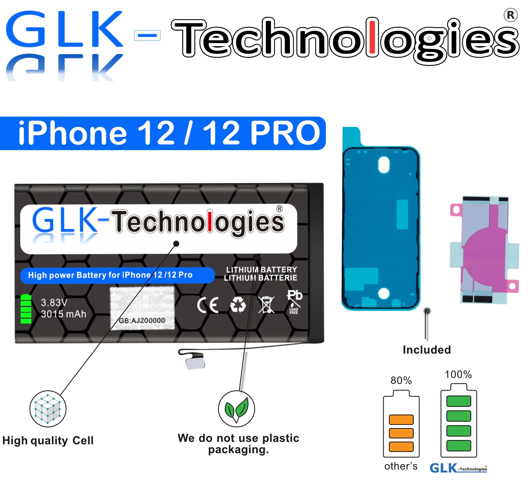 GLK-Technologies GLK für iPhone 12 Pro / 12 Akku inkl. 2x Klebebandsätze Handy-Akku