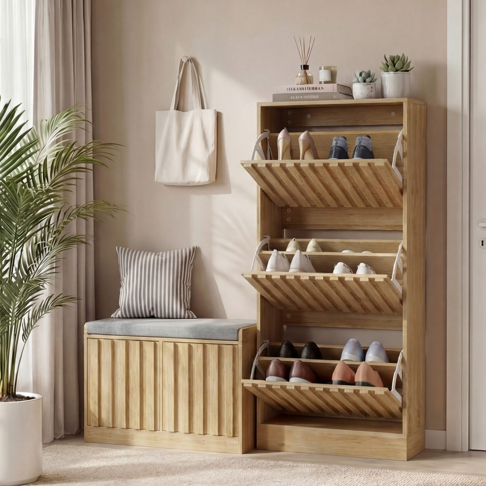 UEV Schuhschrank mit 3 Klappen, Schuhkipper schmal Schuhkommode Verstellbare Trennwände für Verschiedene Schuhtypen 60 * 24 * 122cm
