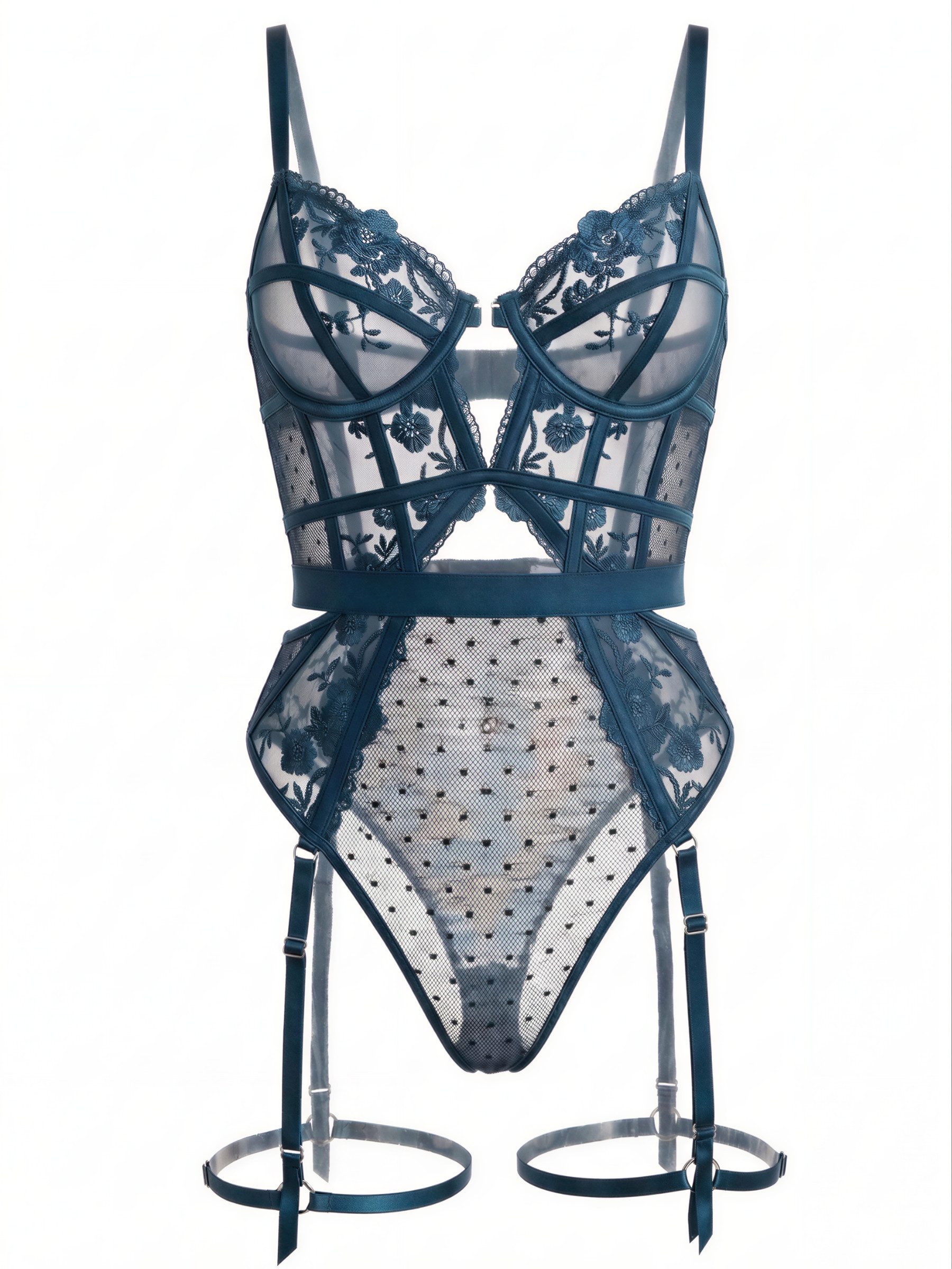 Elegant Love Body Dessous-Body aus Spitze & Tüll, mit Bügel-Cups und Strapsen Rückenfreier Strapsbody – Reizwäsche-Lingerie für romantische Nächte