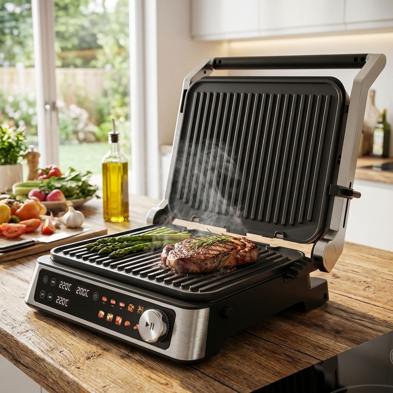 Casativo Kontaktgrill 2000W Kontaktgrill mit Farbdisplay & 2 Zonen, Tischgrill für Steak, 2000 W, Elektro-Kontaktgrill mit Farbdisplay, 2 getrennten Zonen, 180° Öffnung