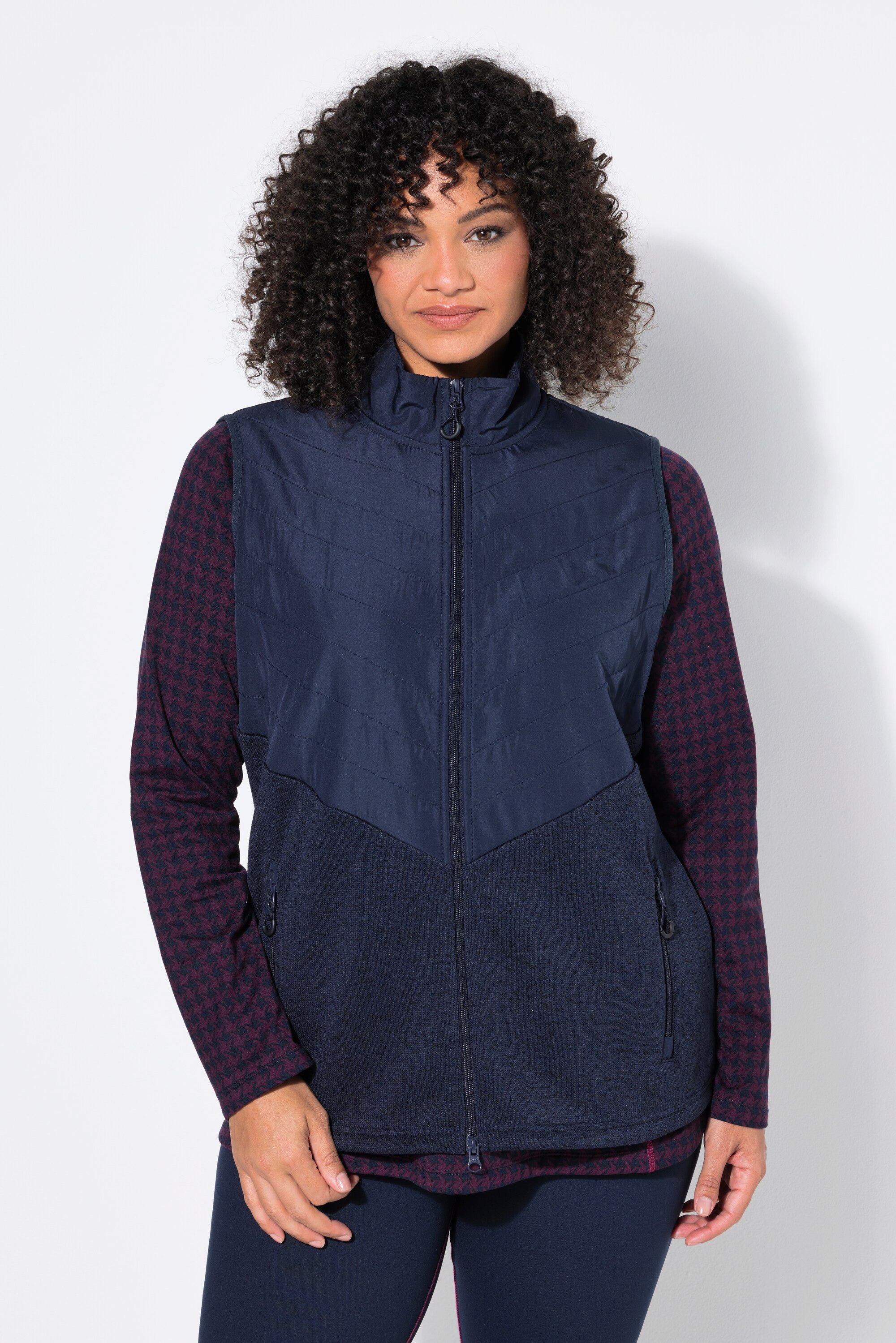 Ulla Popken Steppweste Hybrid-Weste Strickfleece Kapuze Steppeinsatz