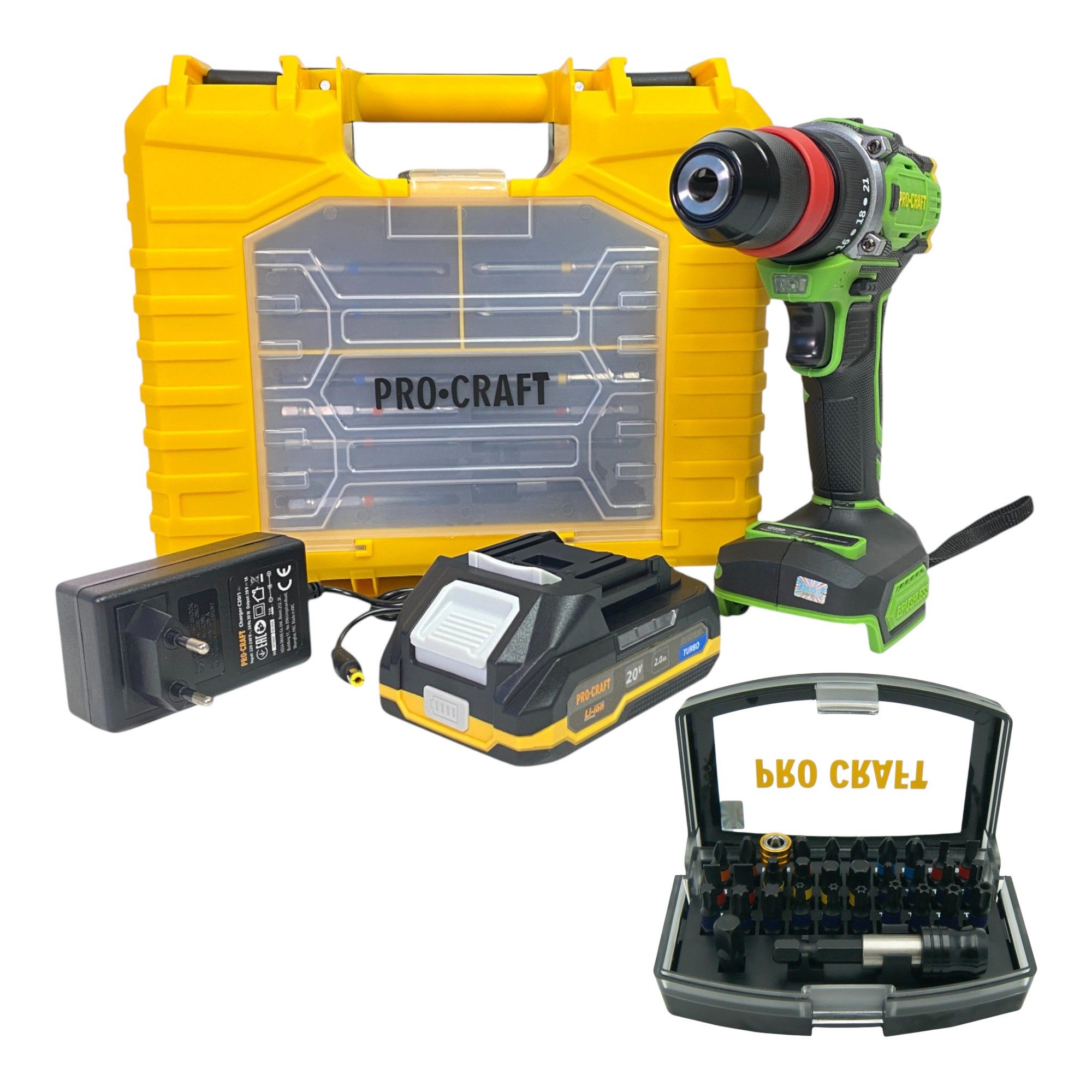 PRO CRAFT Akku-Schrauber Procraft PA18ProDFR2-1B-C Bohrschrauber 20 V 30 Nm + 32 tlg. Bit Set