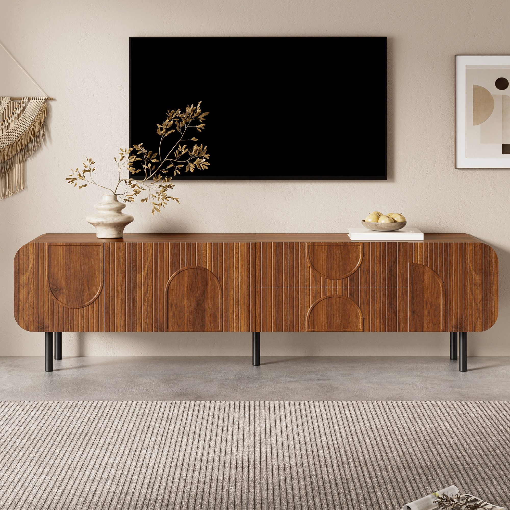 STILVORA Lowboard mit 2 Schubladen TV-Schrank Fernsehtisch, abgerundete Ecken (TV-Schrank, Fernsehtisch, Mid-Century, mit Türen/Schubladen, MDF+Spanplatte, 3 Türen, 2 Schubladen, Metallbeine, stabil), Rillenfront, Bogenrelief, abgerundet, Kabeldurchlass, langlebig