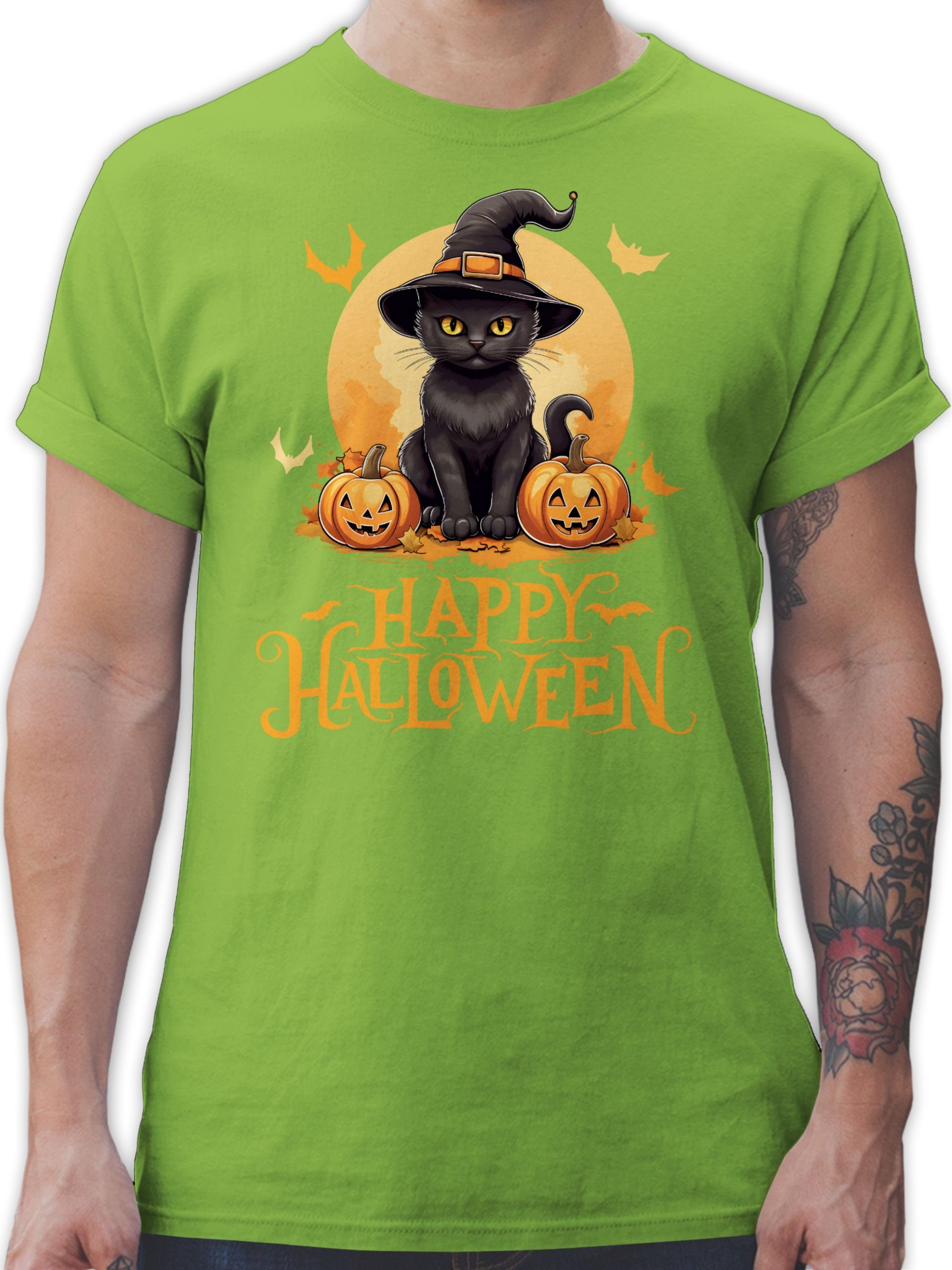 Shirtracer T-Shirt Happy Halloween Katze Hexenhut Lustig Katzenliebhaber Cat Halloween Kostüme Herren 03 Hellgrün