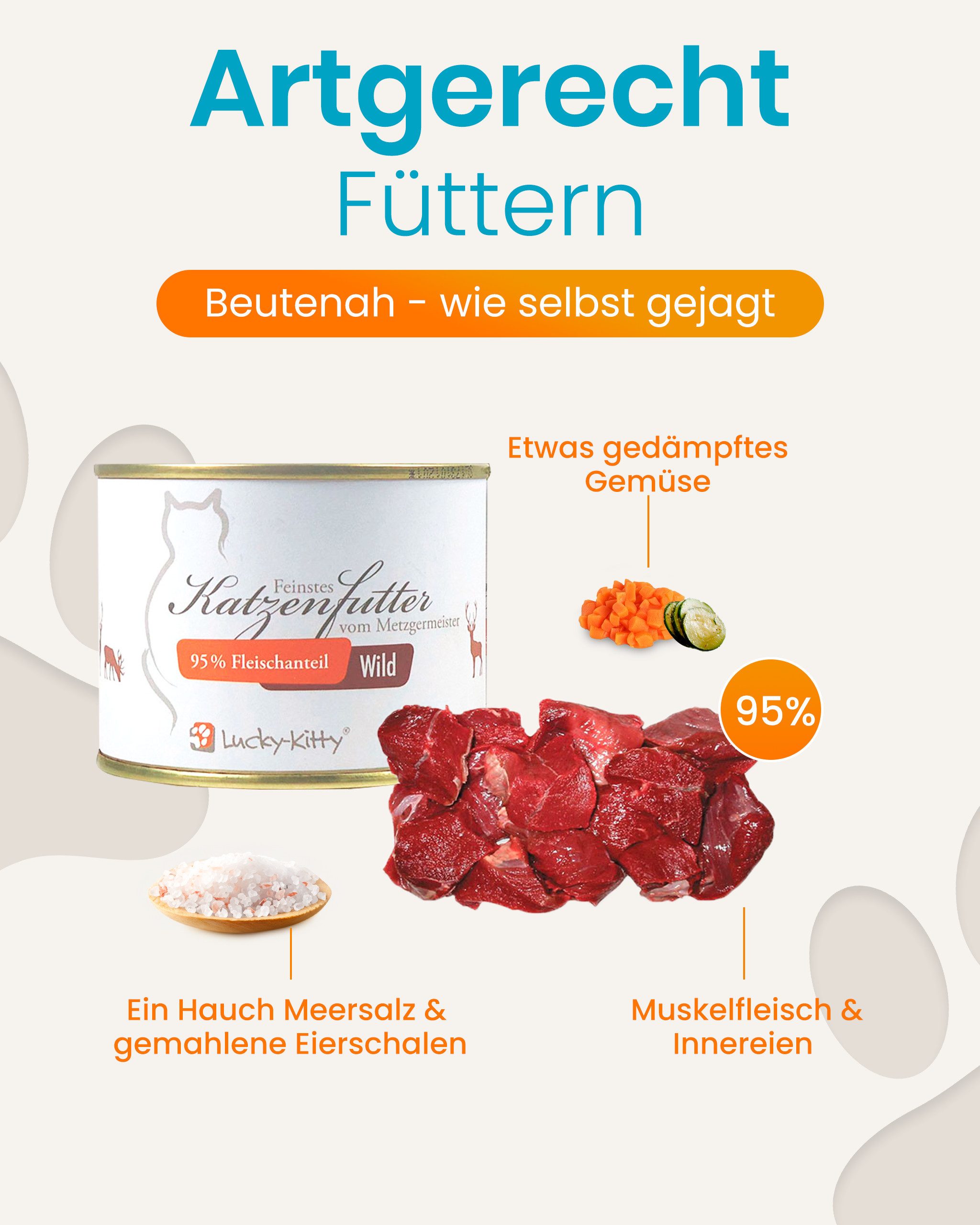 Lucky-Kitty Katzenfutter Wild, 95% Hirsch, getreidefrei, hypoallergen 4x200g, Nassfutter für: Katzen, Ohne Getreide, Zucker oder Füllstoffe, Monoprotein