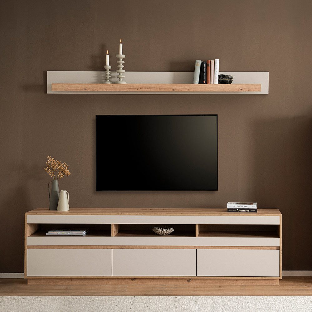 Lomadox Wohnzimmer-Set SITTEN-61, (Mega-Spar-Set, 2-St., Lowboard Wandboard), Eiche mit Kaschmir Beige, Gerätefach mit Kabeldurchlass