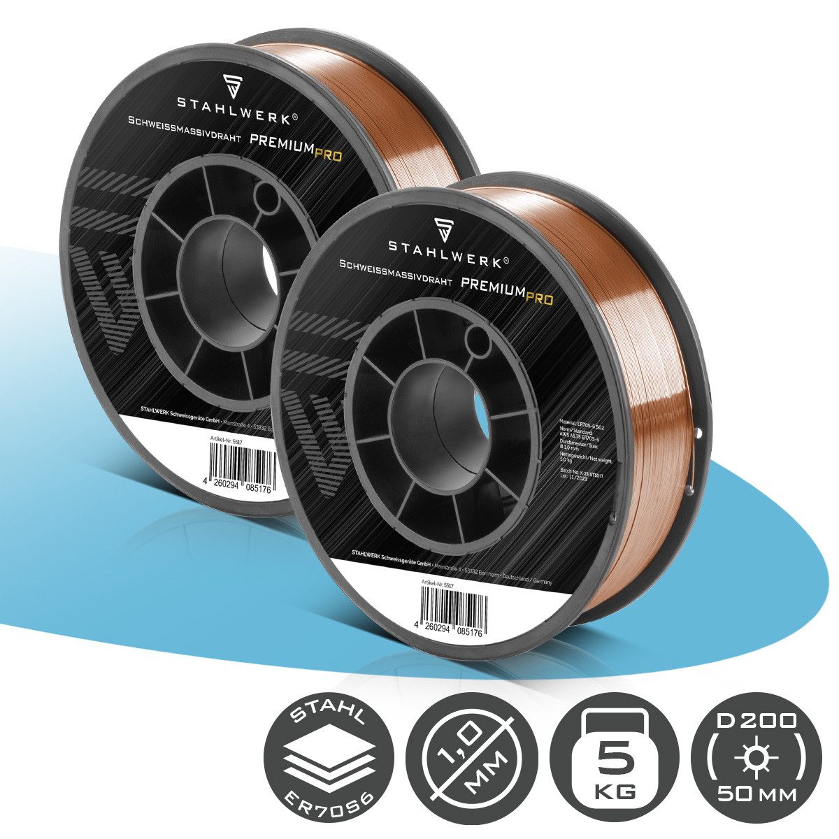 STAHLWERK Schweißdraht 2 x 1,0 mm MIG MAG ER70S-6 SG2 auf D200 Drahtrolle, (Packung), hohe chemische Reinheit für beste Schweißergebnisse.