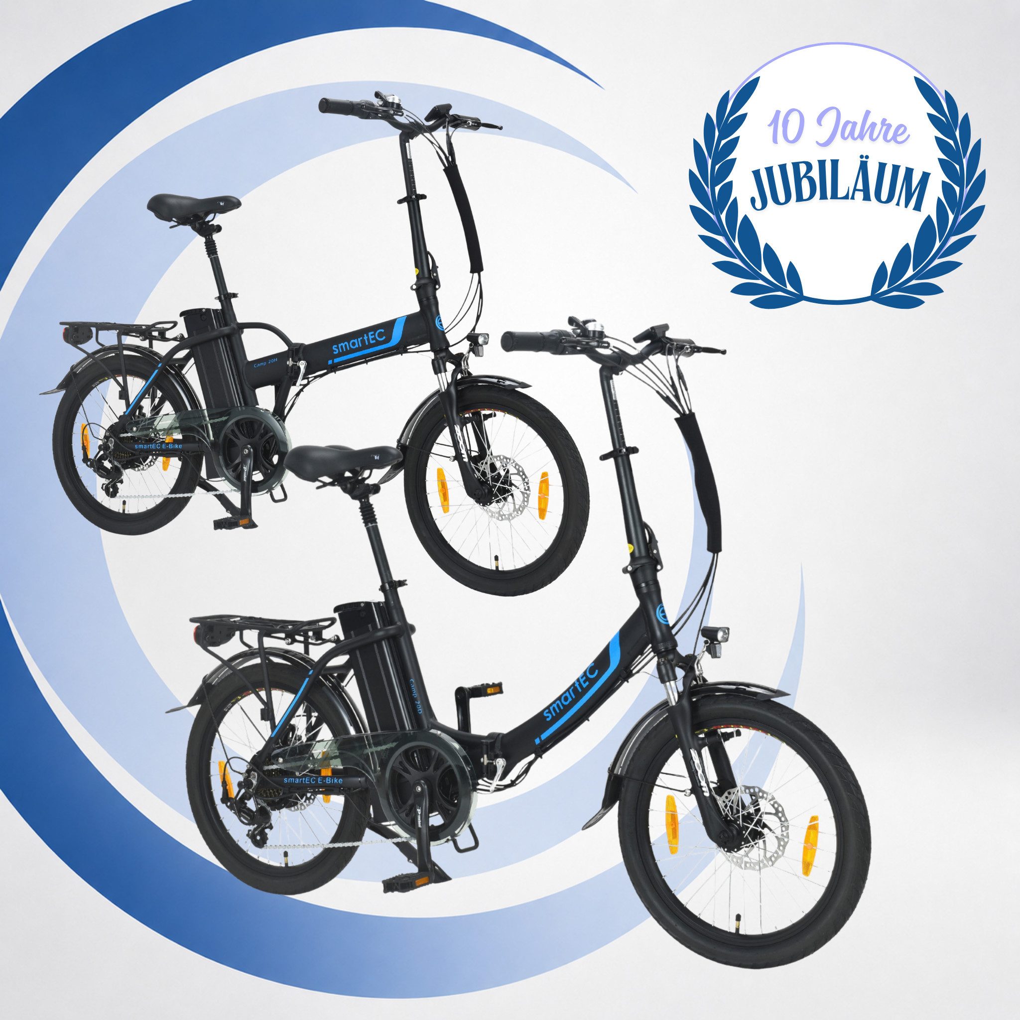 smartEC E-Bike Klapprad 2er Pack Camp-20D & 20H Falt Pedelec/E-Bike 20 Zoll Schwarz smartEC, 7 Gang Shimano Tourney Schaltwerk, Kettenschaltung, Hinterrad-Nabenmotor, 562.00 Wh, (2er Set, 12 tlg., Akku mit Ladegerät), Damen/Herren Unterstützung 25 km/h Anfahrhilfe Scheibenbremse StVZO