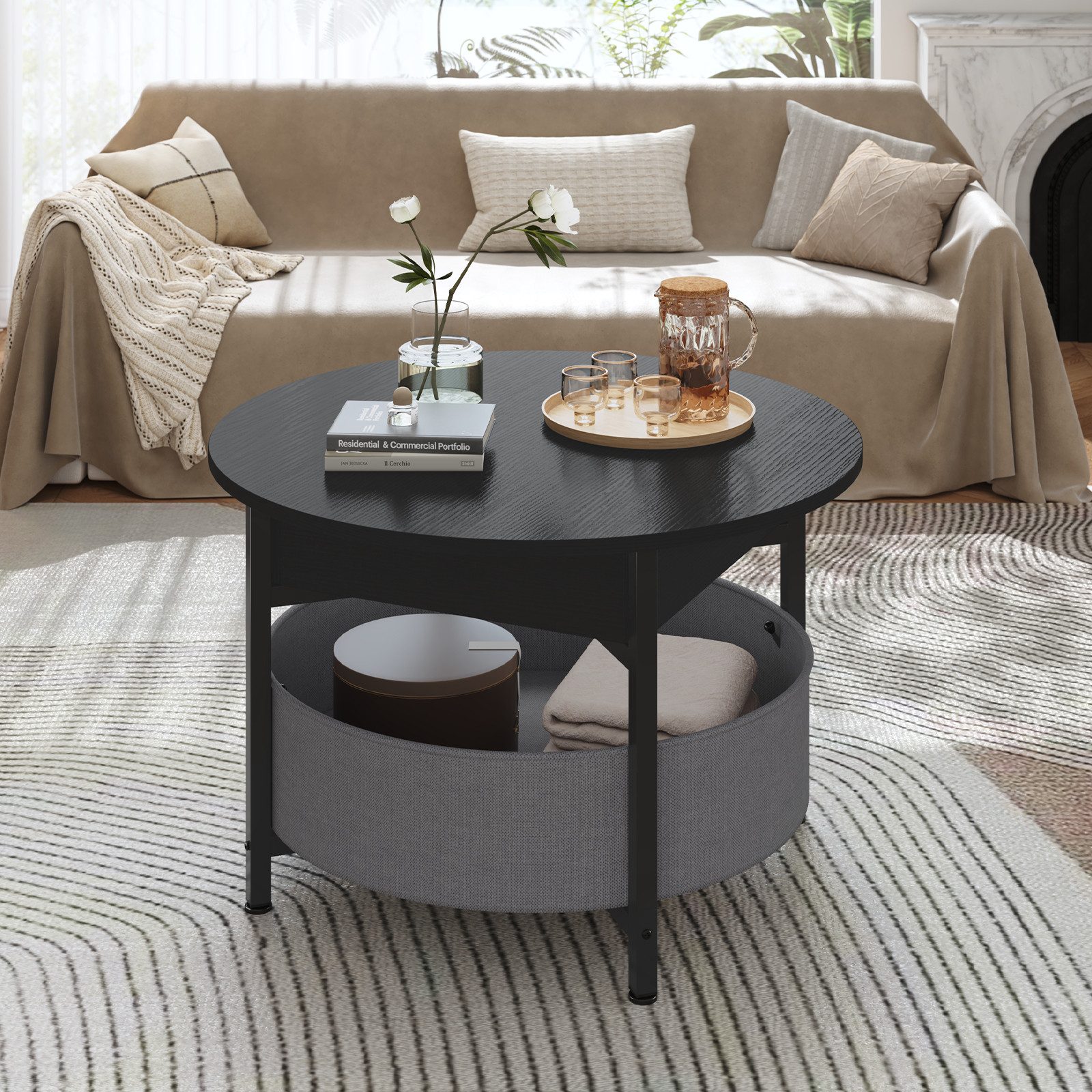 MSMASK Couchtisch Wohnzimmertisch mit Korb aus Stoff, höhenverstellbar (1-St), Rundes Lift-Top-Couchtisch, Beistelltisch, Kaffeetisch, 70x70x50 cm – Bild 4 von 5