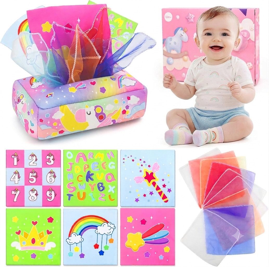 usrela Greifspielzeug Montessori Tücherbox Einhorn Sensorikspielzeug Baby mit Knistertüchern (Baby Sensorik Lernspielzeug Set mit Stoffbox und Tüchern, Montessori Tücherbox Einhorn mit 10 Tüchern und 3 Knistertüchern Set), Montessori Sensorikspielzeug Ein