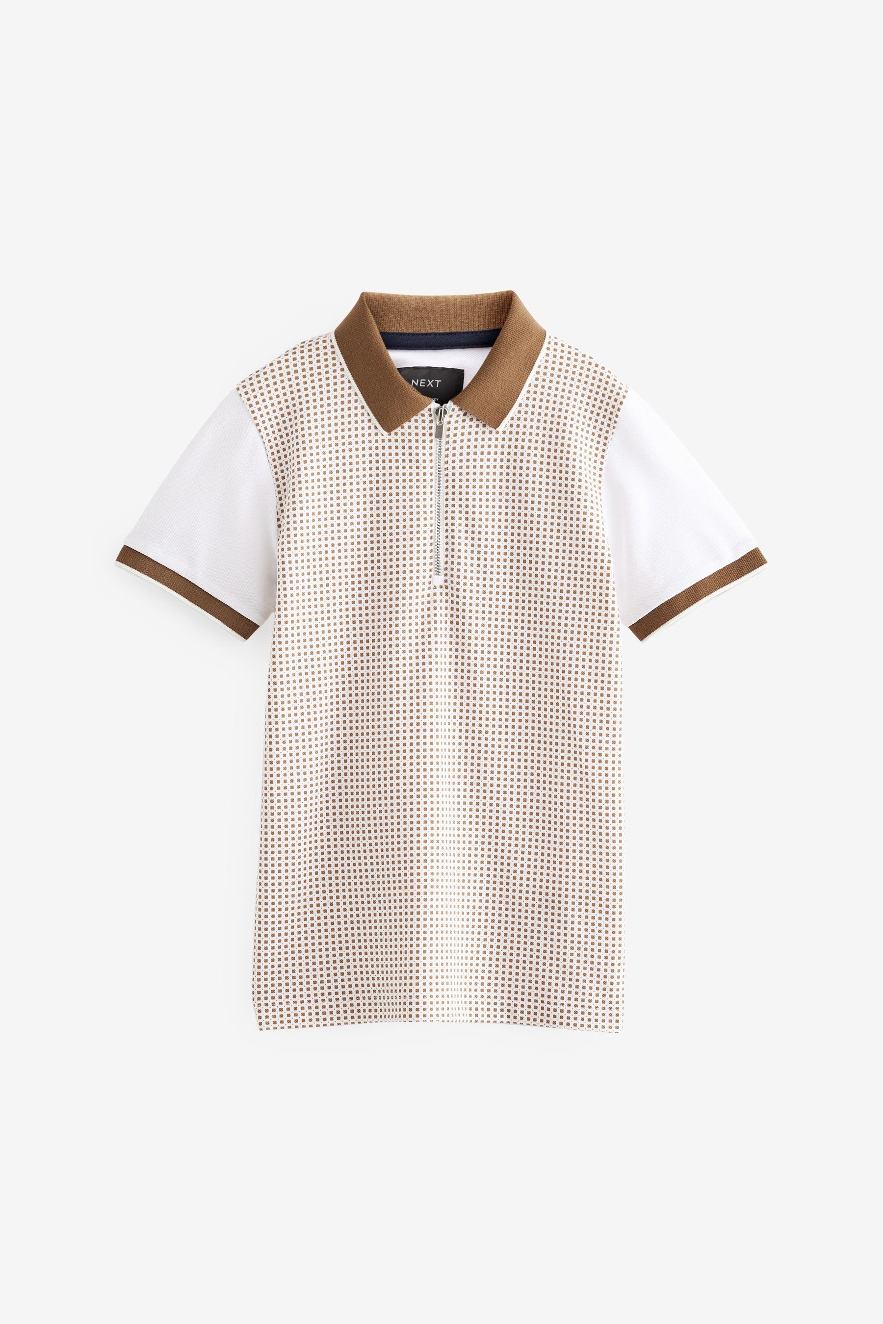Next Poloshirt Kurzärmeliges Polohemd mit Reißverschluss (1-tlg) Tan/White