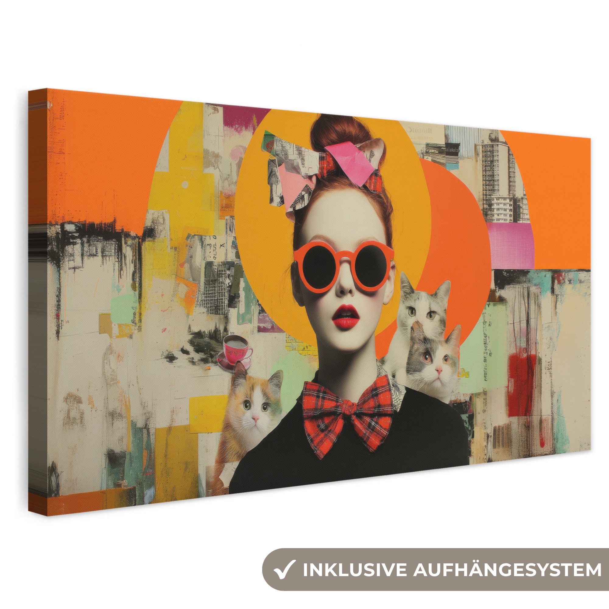 OneMillionCanvasses® Leinwandbild Panorama Frau - Brille - Fliege - Retro, Fotodruck (1 St), Wandbild, Deko Schlafzimmer Wohnzimmer Flur 40x20 cm