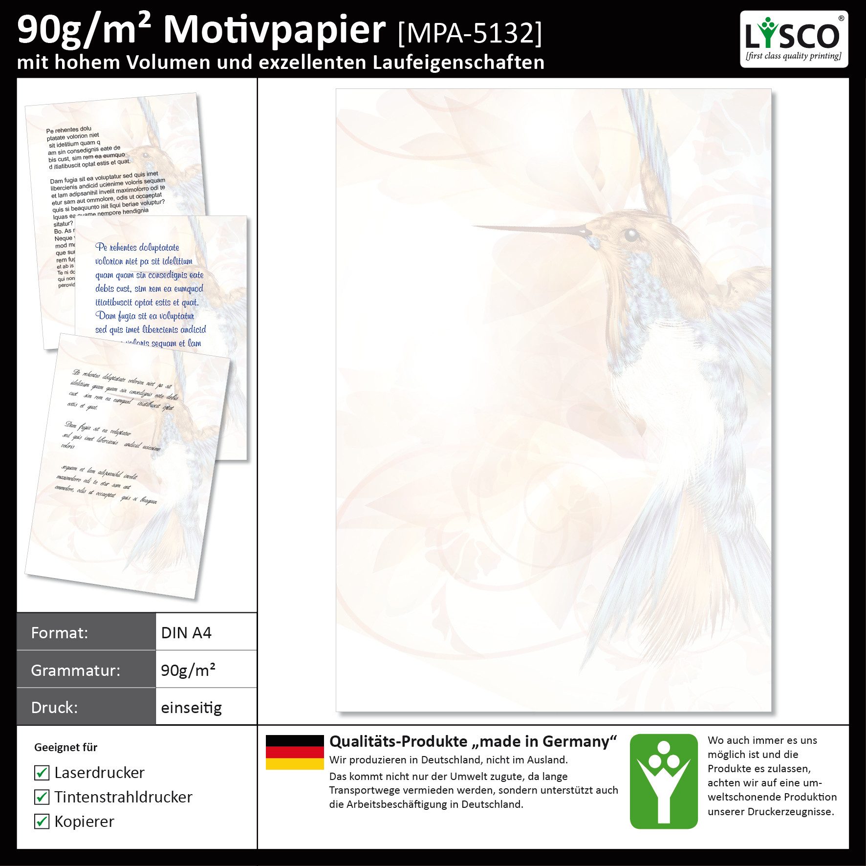 LYSCO Briefpapier Motivpapier Vögel DIN A4, gut beschreibbar, ländliches Flair, für alle Drucker geeignet.