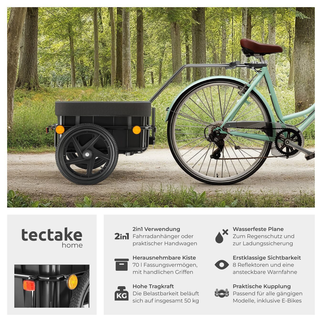 tectake bicycle cargo trailer, air-filled profile tires, load capacity 50 kg, rain cover made of 600D Oxford fabric, including reflectors and warning flag