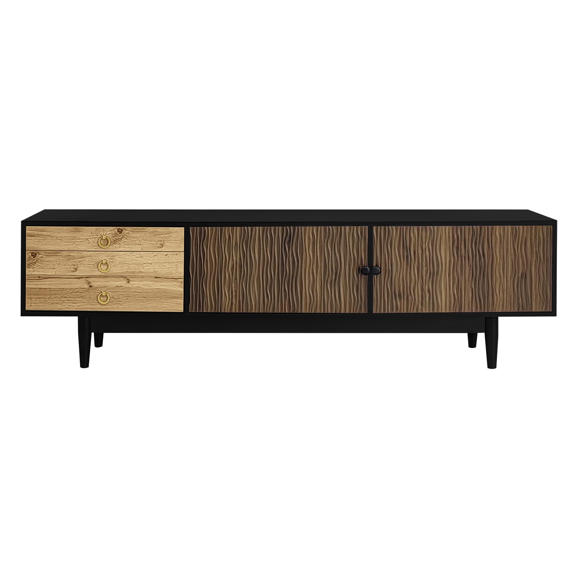 Yorbay TV-Schrank Vintage lowboard mit Wasserwellenmuster, 3 Schublade+2 Groß Klapptüren 180cm Breit Schrank für Fernsehn bis 65 Zoll, Schwarz+Holzfarbe
