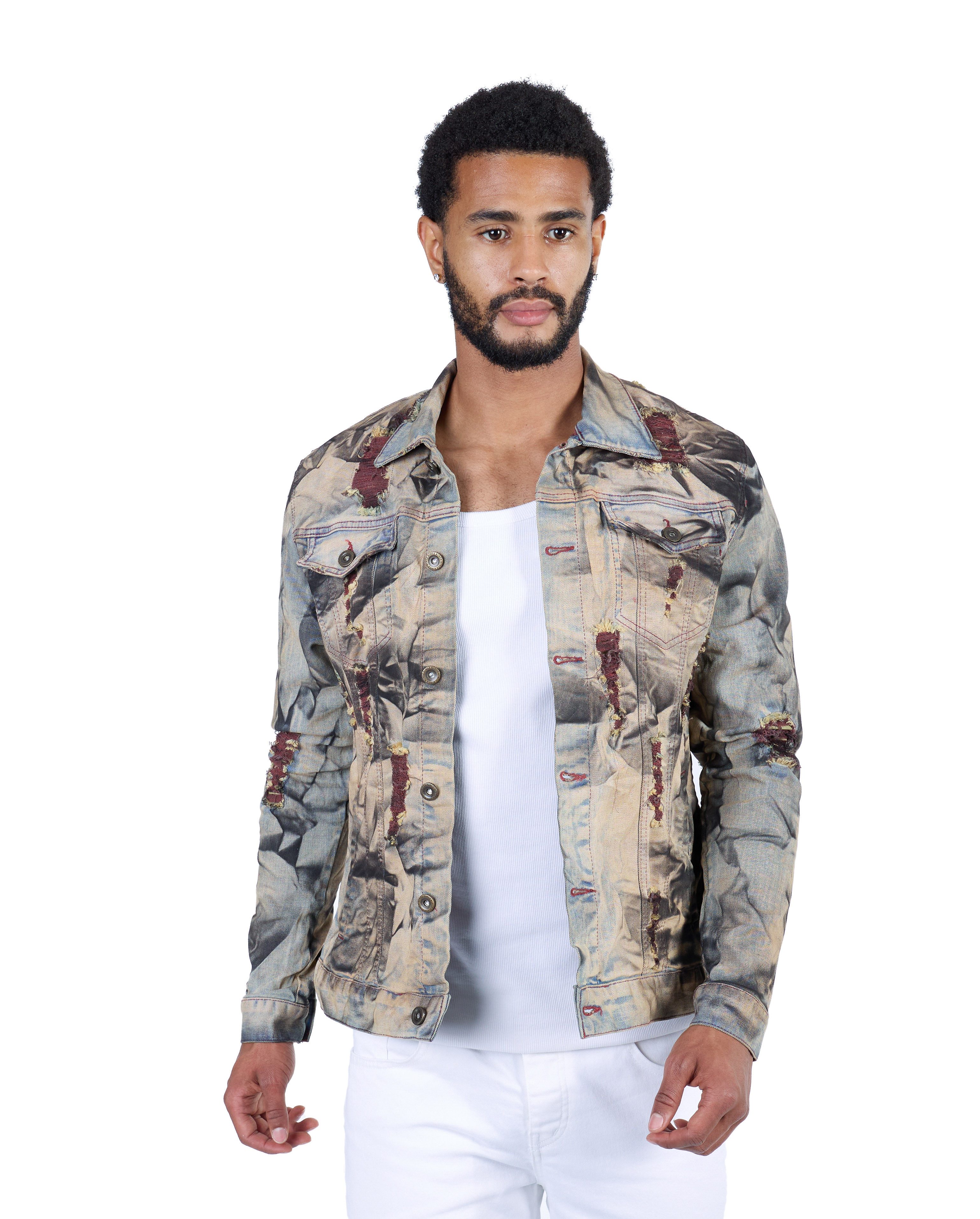 KINGZ Jeansjacke Destroyed Batik Designer Jeansjacke Blau 2XL Waschung günstig online kaufen