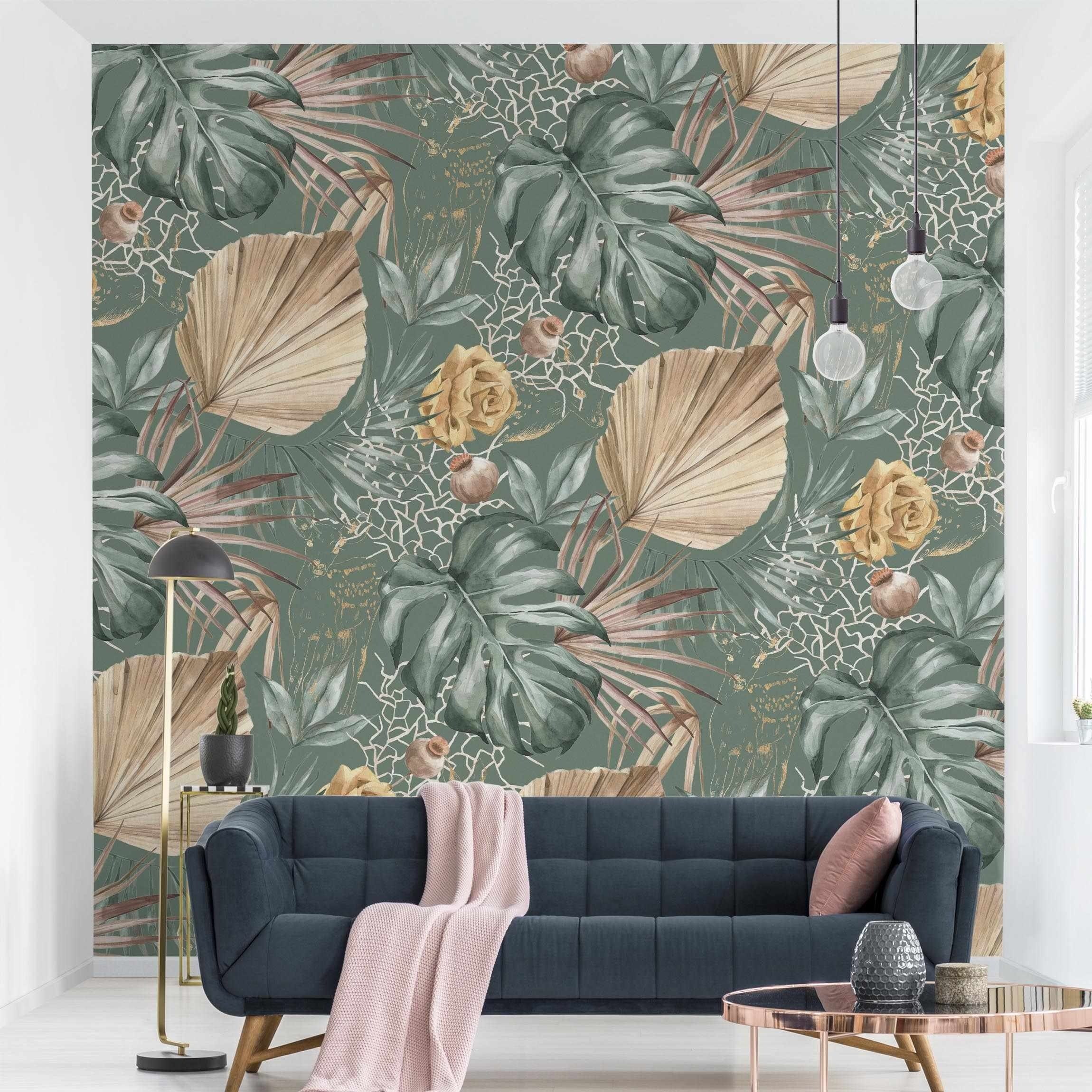 Bilderdepot24 Mustertapete Muster Große Blätter Rosen Grün Grün Beige Wanddeko Vintage Tropical, Glatt, Matt, (Vliestapete inkl. Kleister oder selbstklebend), Wohnzimmer Schlafzimmer Küche Flur gemusterte Vliestapete Wandtapete