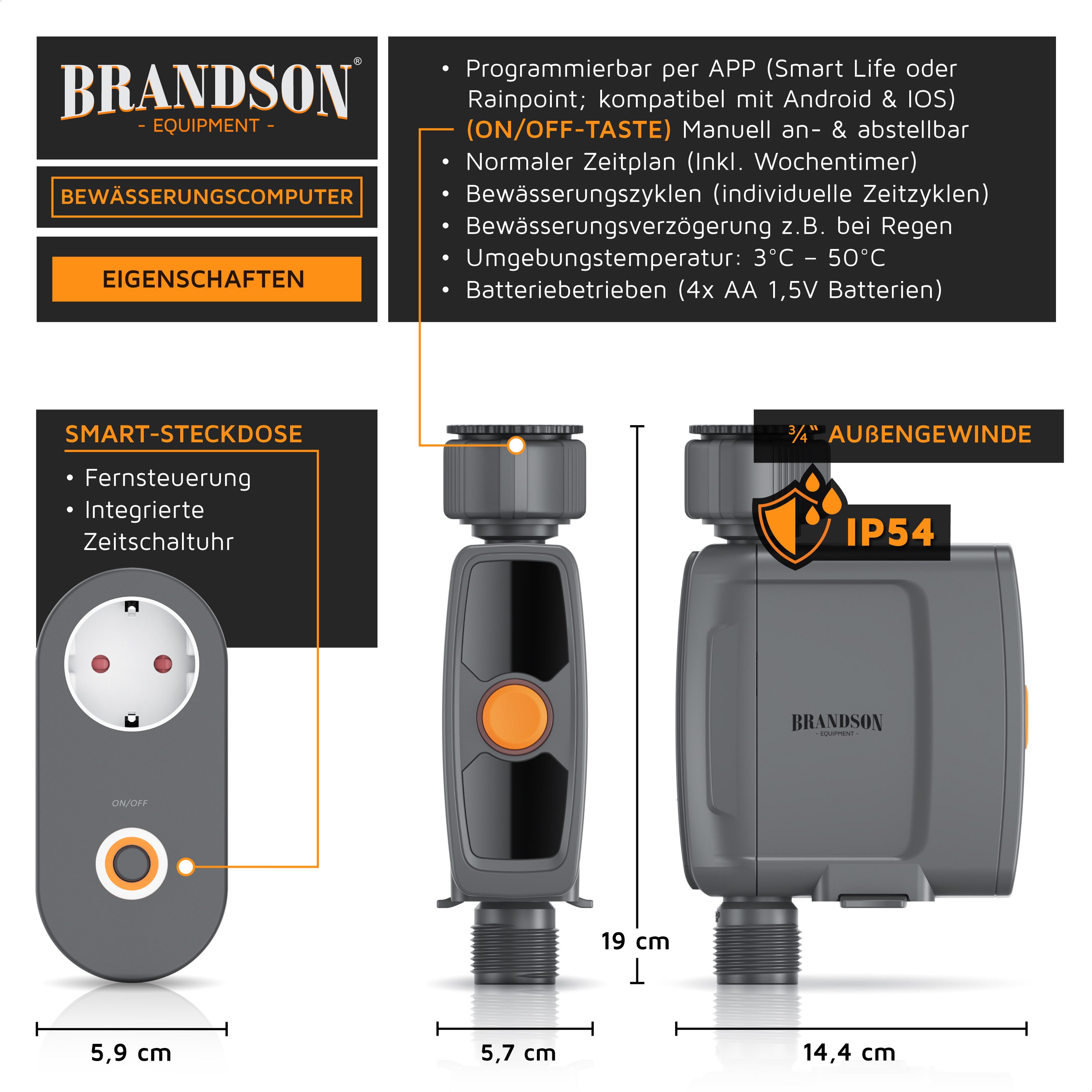 Brandson Bewässerungssteuerung WLAN Bewässerungsuhr, Wasserzeitschaltuhr, automatische Bewässerung, (Set), Bewässerungscomputer mit Wifi Verbindungssteckdose, Bewässerungssystem