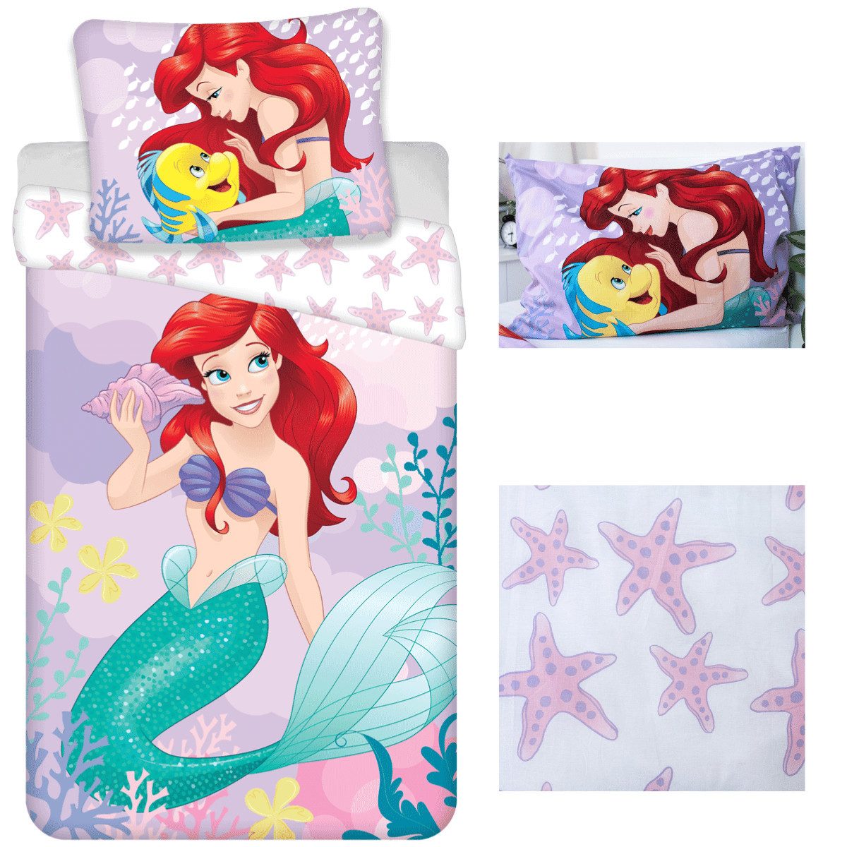 Disney Wendebettwäsche Disney Ariel Meerjungfrau Bettwäsche Set 140x200 cm 100% Baumwolle, Renforce, 2 teilig, Wendbar mit 2 Motiven