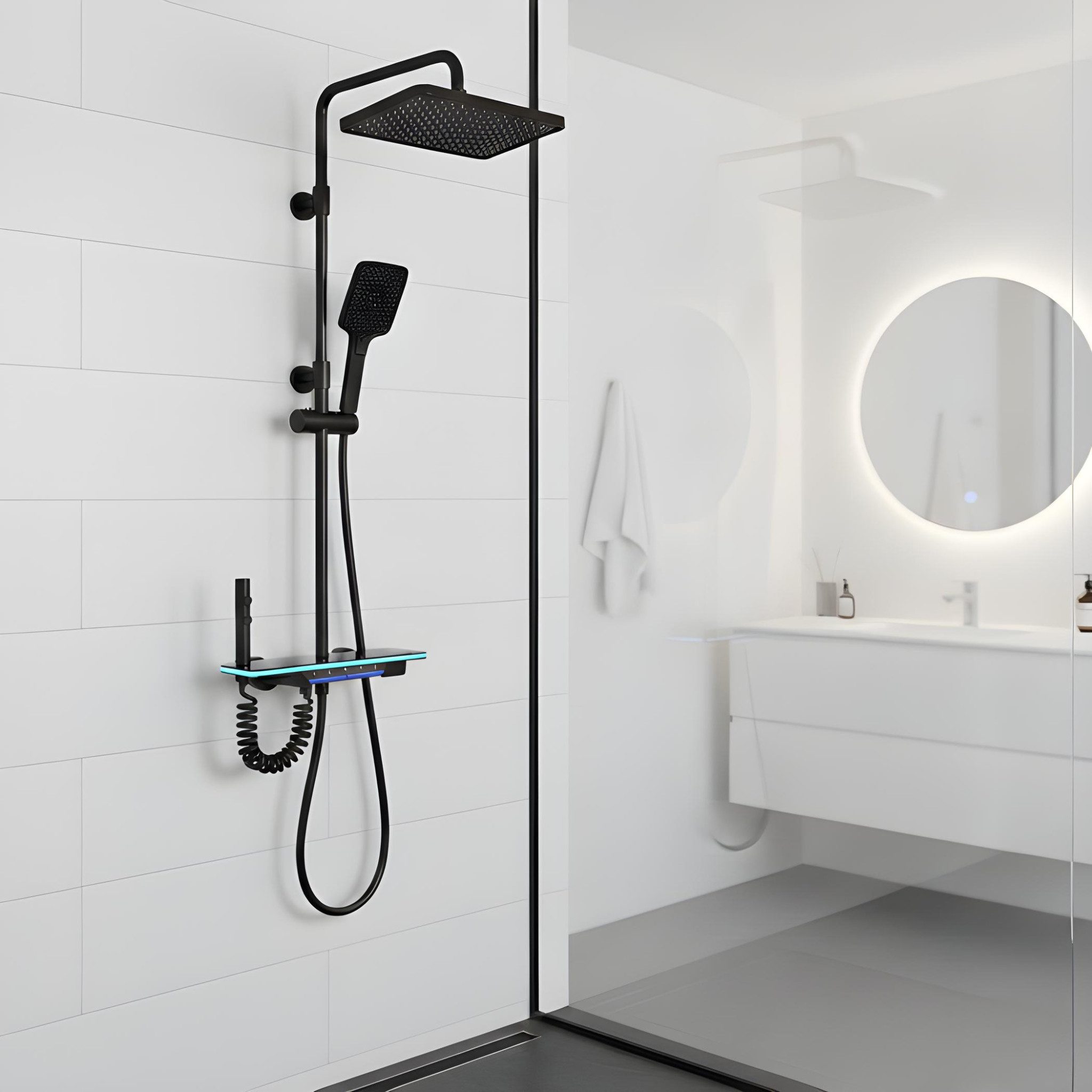 LuxaSteel Duscharmatur Duschsystem Regendusche LED inklusive Mischbatterie (Komplettset) smarte Regendusche mit Wasserfall, LED-Beleuchtung & LED-Display
