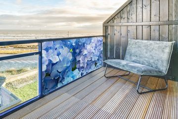 MuchoWow Balkonsichtschutz Hortensie - Wassertropfen - Floral - Botanisch - Blau (1-St) Balkonbanner, Sichtschutz für den Balkon, Robustes und wetterfest