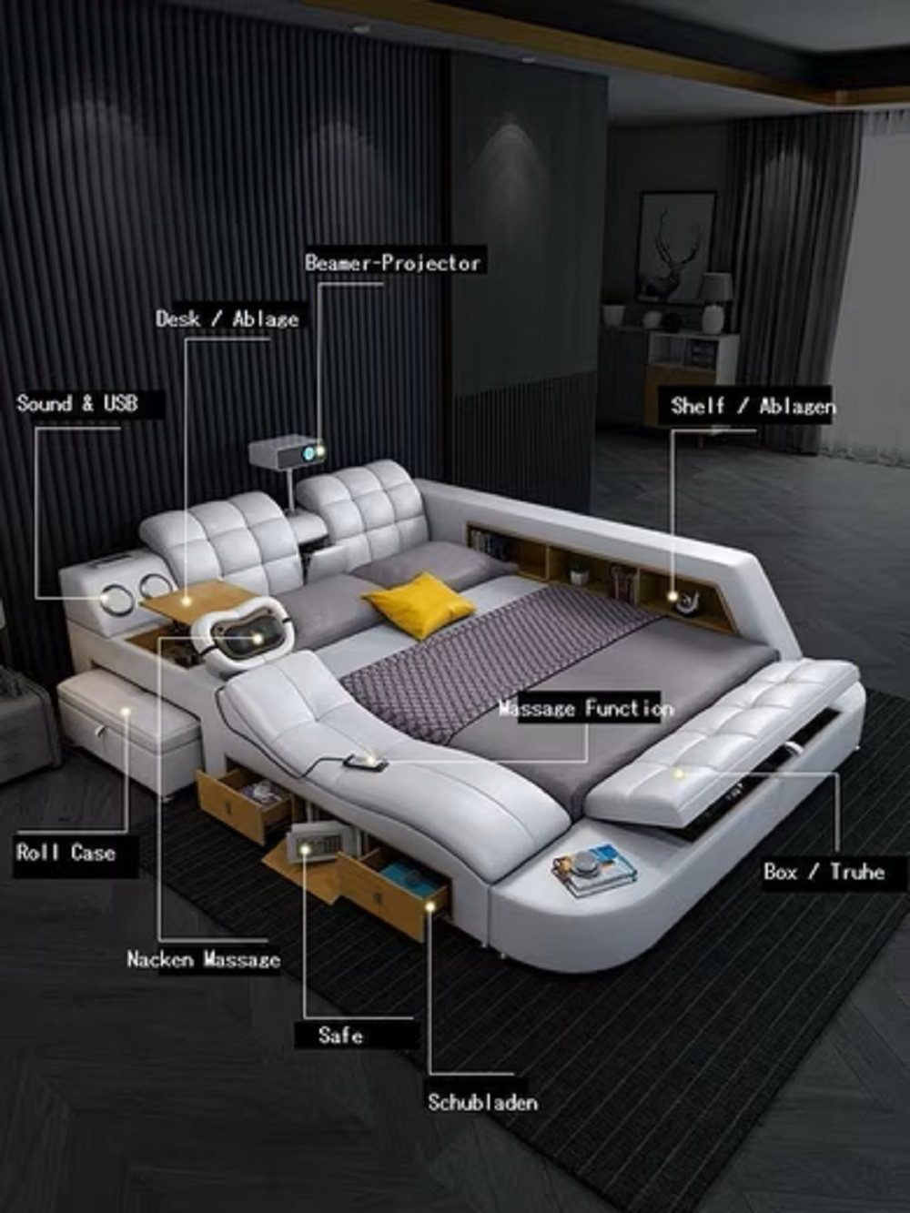 JVmoebel Multimediabett Bett Multifunktion Betten tv beamer usb led Massage Funktion Hotel (1-tlg), Made in Europa